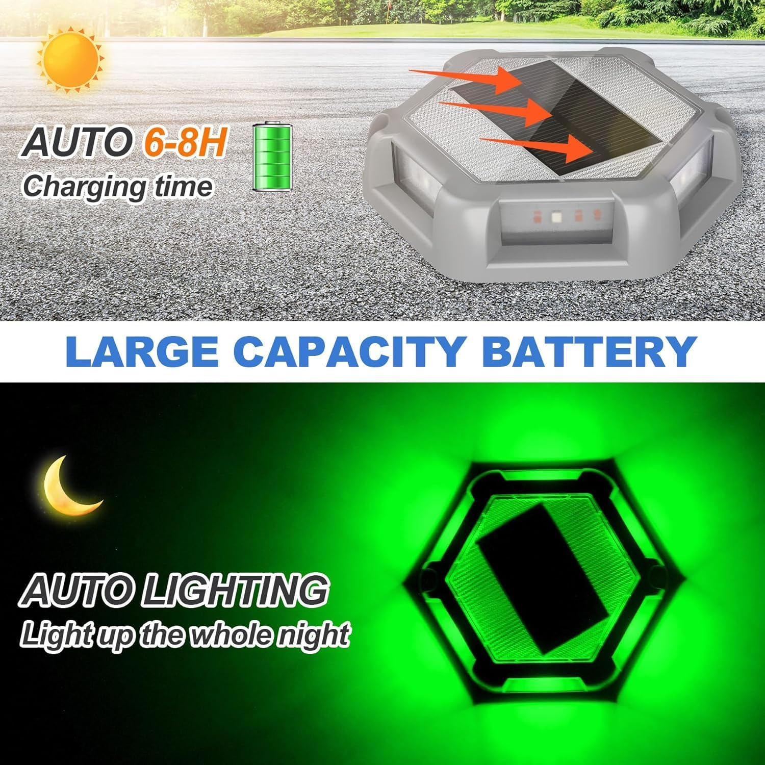 Solar Powered Driveway Lights, Green, Set of 8,Solar Dock Lights,Waterproof 800Mah Outdoor LED Aluminum Dock Lighting Warning for Driveway Sidewalk Garden Pathway Yard image number 6