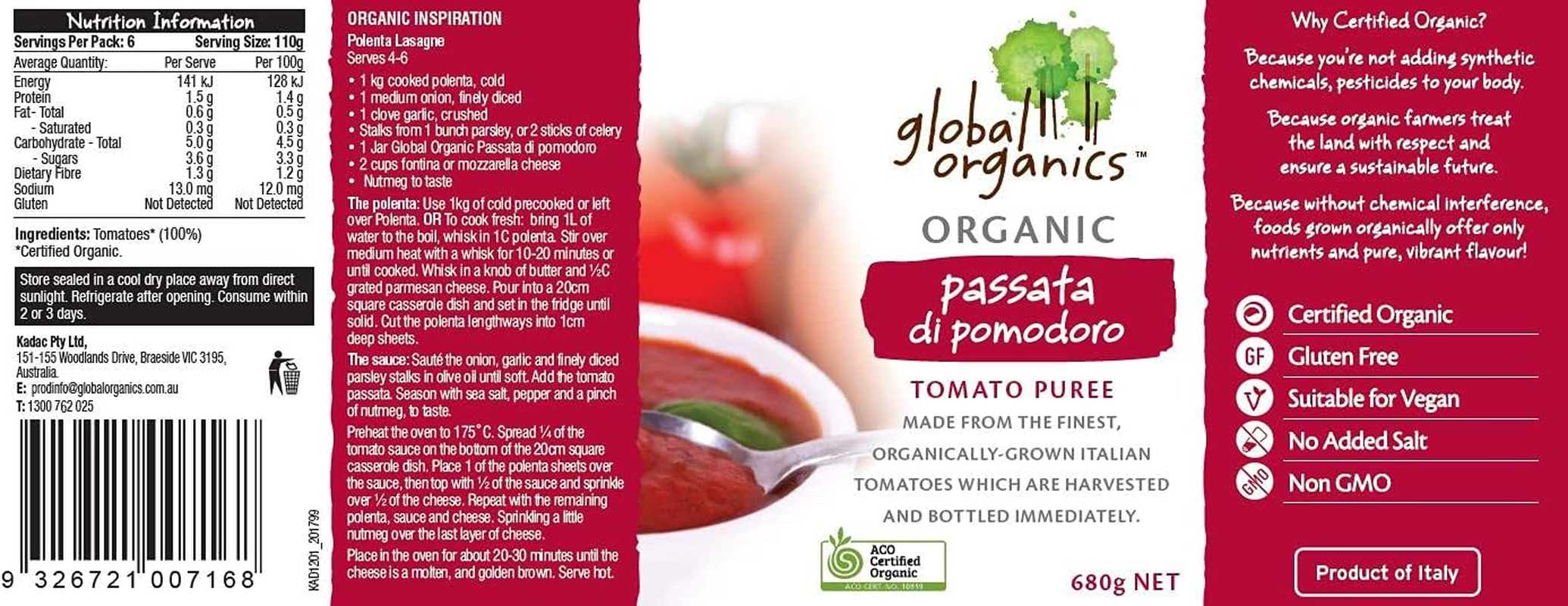 Global Organics Tomato Puree (Passata Di Pomodro) 680 G image number 1