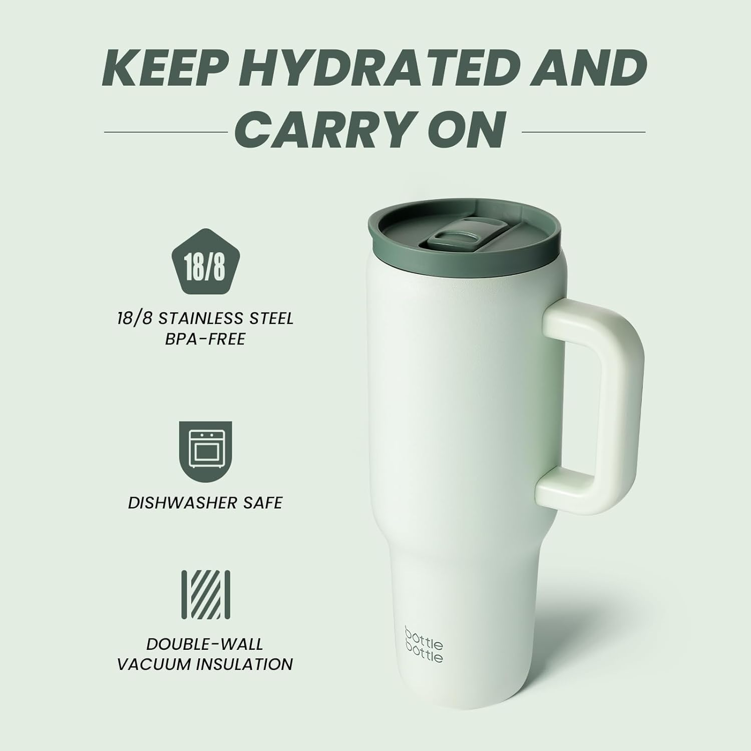 BOTTLE BOTTLE 40Oz Tumbler with Straw and Lid Insulated Travel Mug 1180Ml Stainless Steel Car Coffee Cup with Handle for Gifts Party Office (Green) image number 1