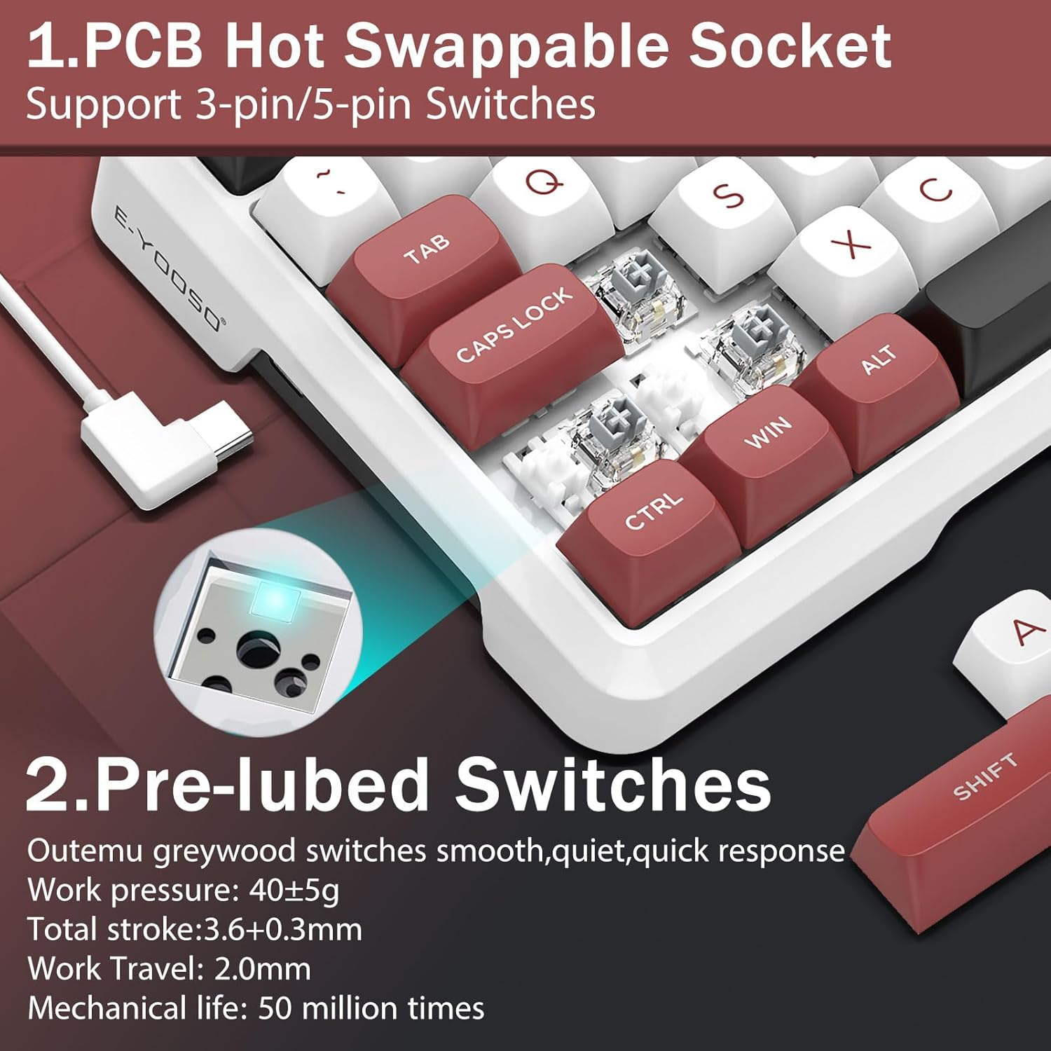 E-Yooso Creamy Mechanical Keyboard Wired, Hot Swappable, Pre-Lubed Linear Switches, Gasket Structure with Sound Dampening Foam, RGB Backlit, 82 Keys Custom Gaming Keyboard for Pc,White image number 2