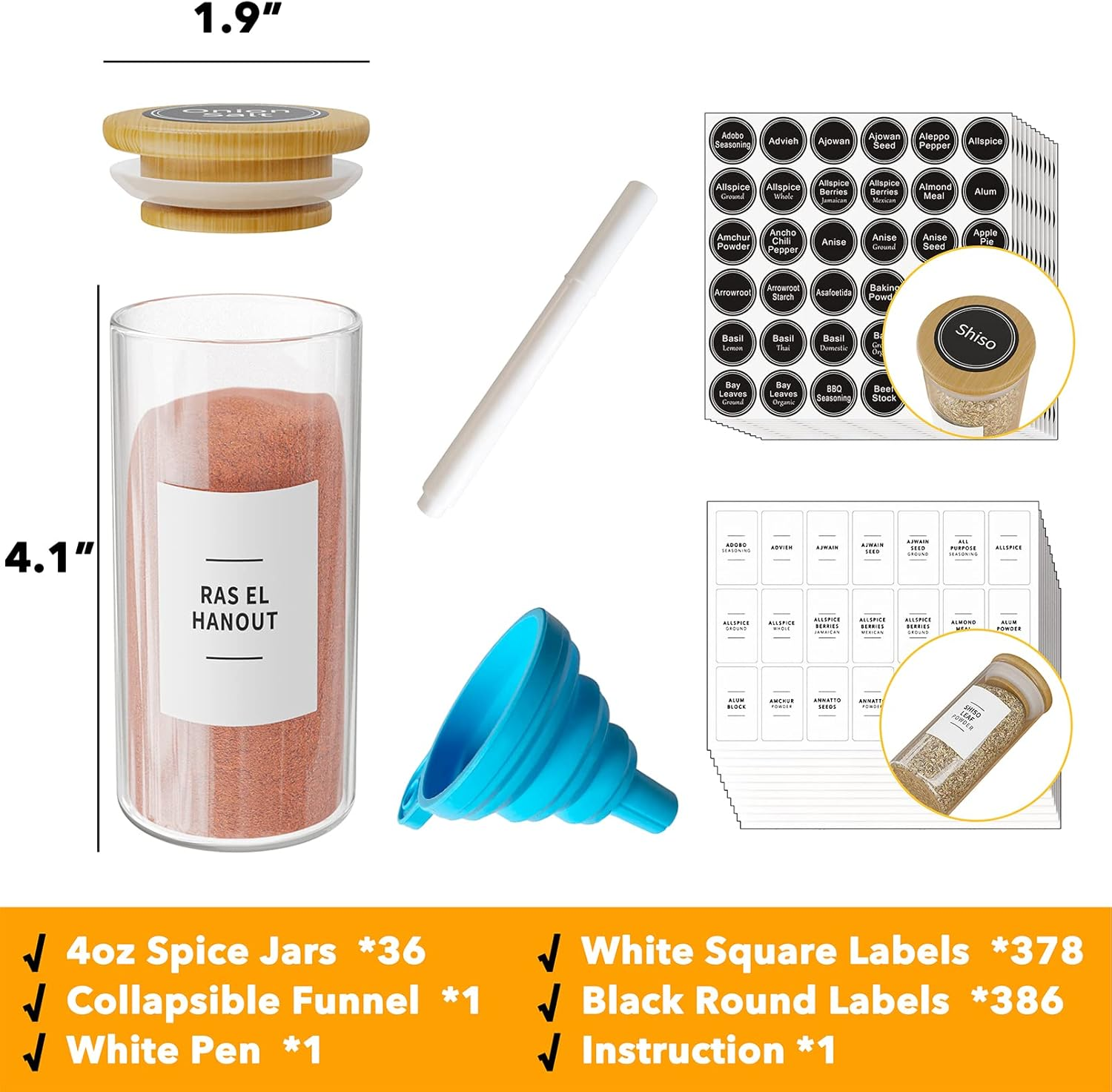 Spaceaid 36 Pcs Spice Jars with Bamboo Lids and Labels, Empty 4Oz Glass Spice Bottles, Minimalist Farmhouse Spice Labels Stickers with Funnel, Seasoning Containers for Spice Rack, Cabinet and Drawer image number 4