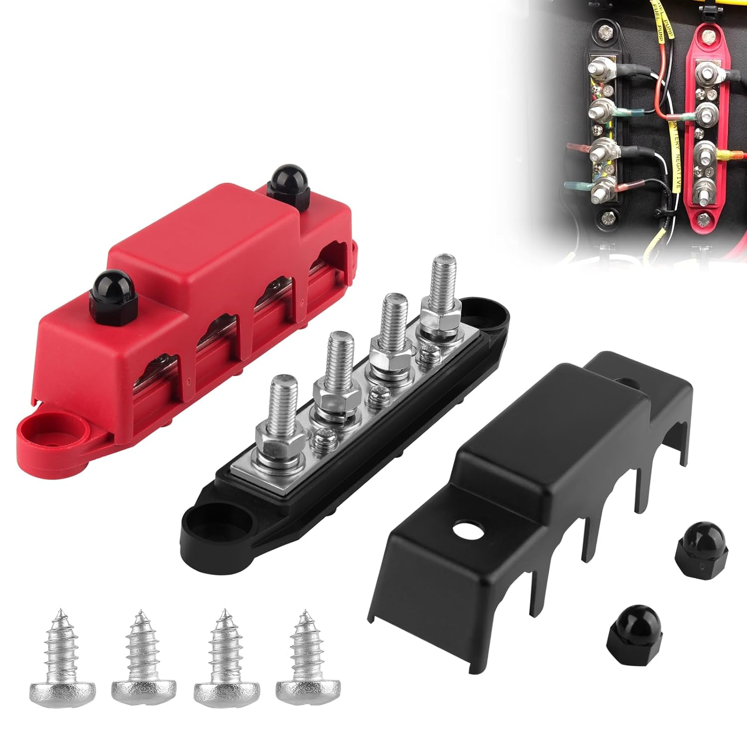 12V Bus Bar Power Distribution Block, 250A Battery Busbar Terminal Block with Cover, 4 X 5/16" Studs, Anti-Galling Battery Junction Blocks for Automotive Marine Cars Rvs Ships Yachts image number 1