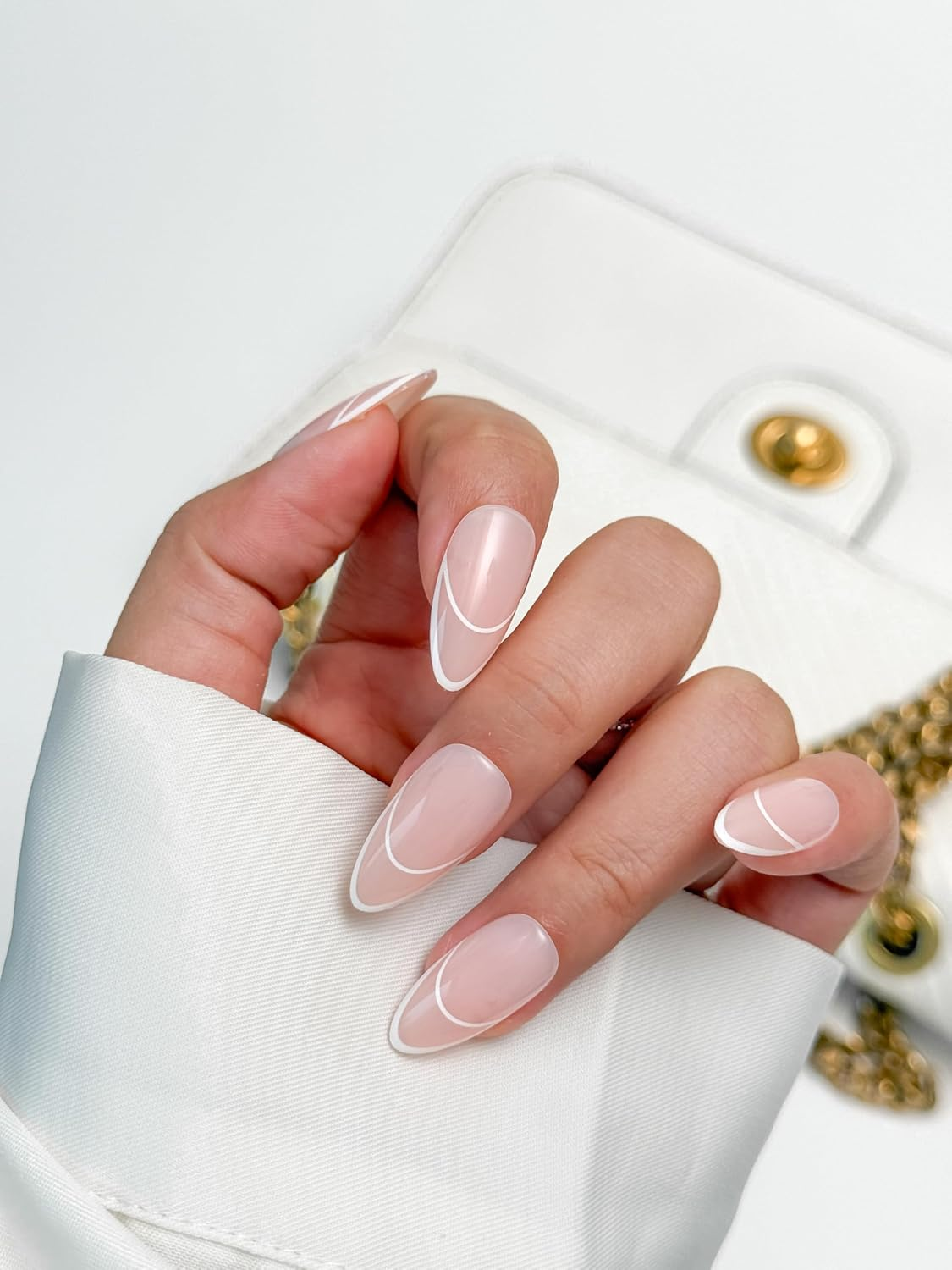Chic Curve| Bianco Sue Press-On Nails | White Line French Almond False Nails, Reusable Stick-On Fake Nails with Adhesive Tabs and Glue | Salon-Grade Quality | Transparent Storage Box | 15 Sizes - 30 Nail Kit image number 2