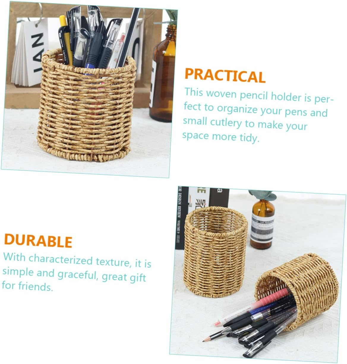 STOBOK 3Pcs round Pen Pot Imitation Rattan Pencil Holder for Desk Stylish Gel Pen Container Cute Pencil Pot for Home Office Use image number 3