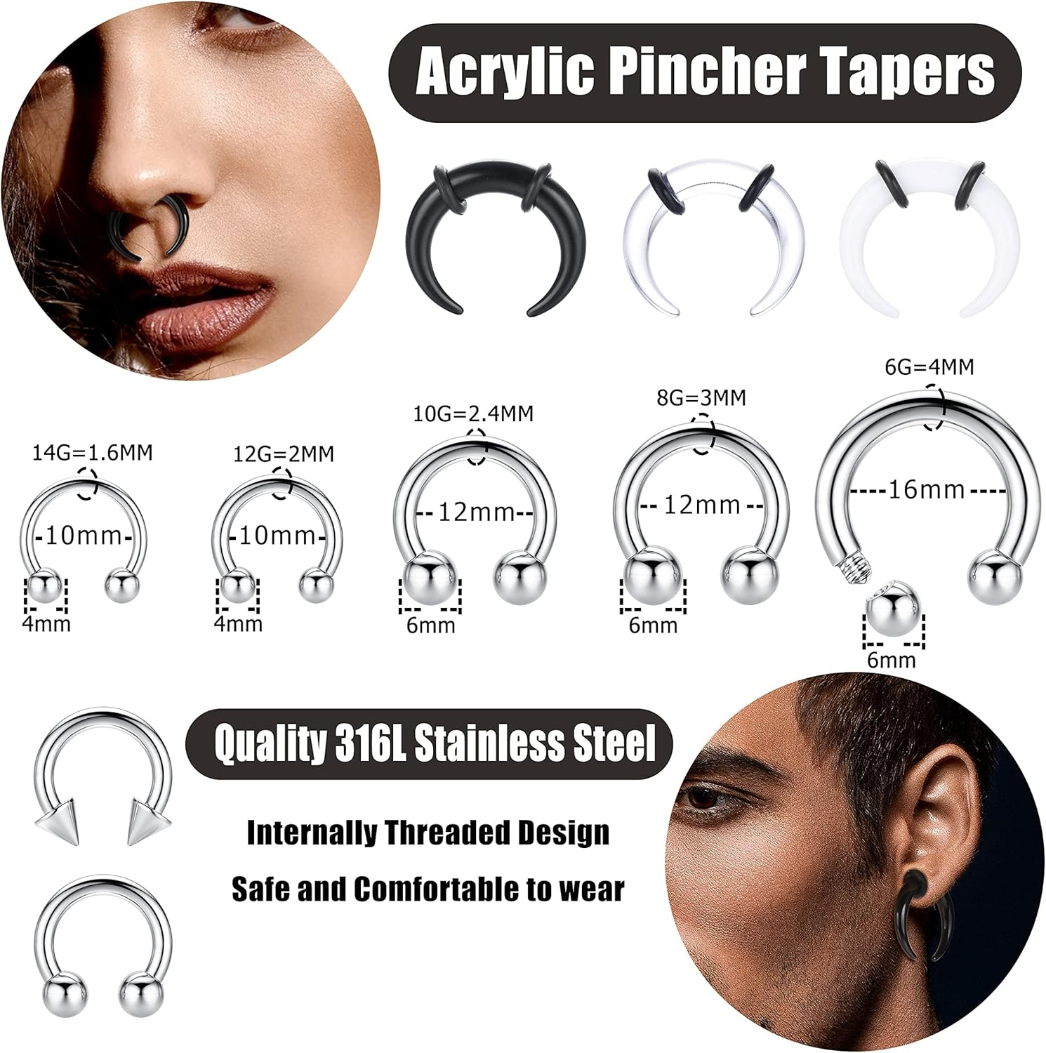 Kakonia 25Pcs 14G-6G Septum Pincher Tapers Horseshoe Septum Rings Acrylic& 316L Stainless Steel Internally Threaded Spike Ball Circular Barbell Ear Nose Septum Stretching Kit for Women Men image number 5