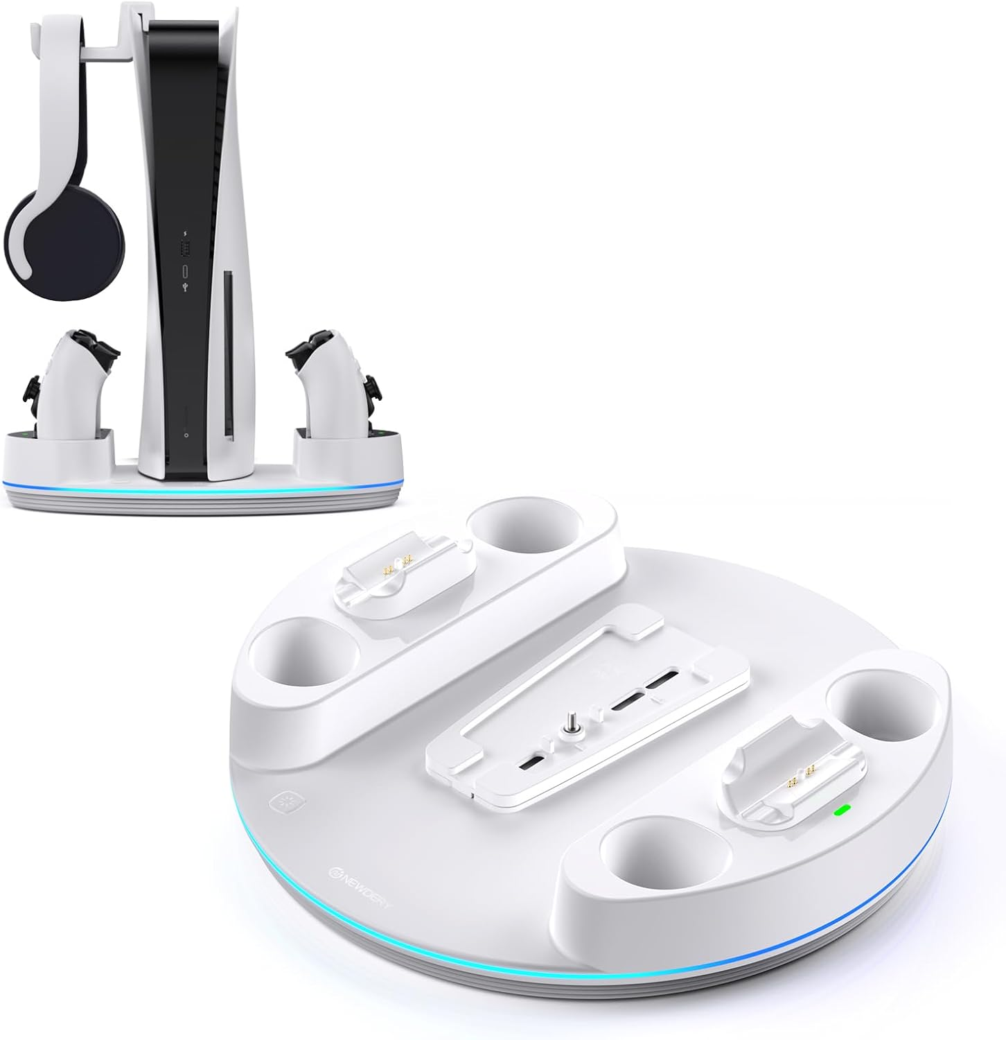 NEWDERY for P 5/Slim/Pro Console Stand, with Dual Charging Station for P 5 Controllers, Adjustable RGB Light, for Playstation 5 Controller Charger Stand - White image number 6