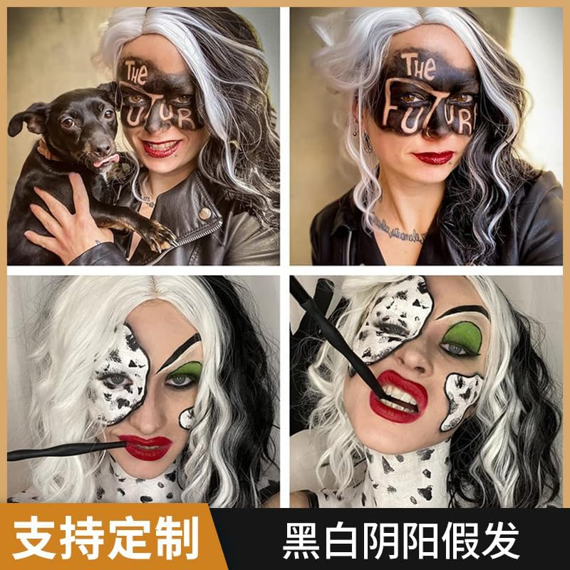 Women'S Short Curly Hair Wave Wig Christmas Cosplay Daily Party Black and White Yin-Yang Wig image number 2