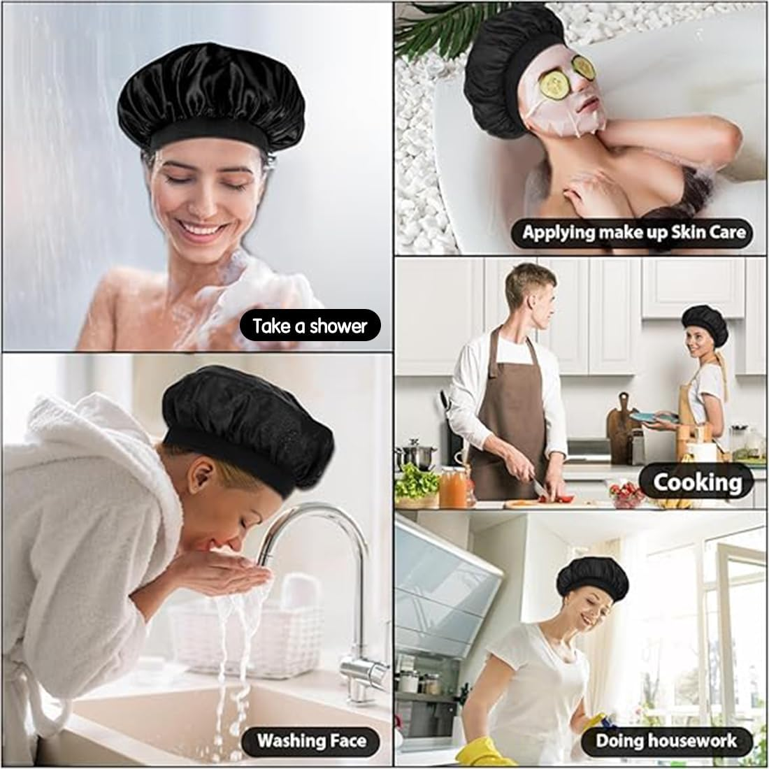 DWFEYOI Satin Sleeping Cap, Pack of 2 Silk Caps, Adjustable Hair Cap, Silk with 2 Satin Hair Bobbles, Night Sleep Cap, Women Girls Breathable Sleeping Cap, Sleeping Cap (Black, Pink) image number 2