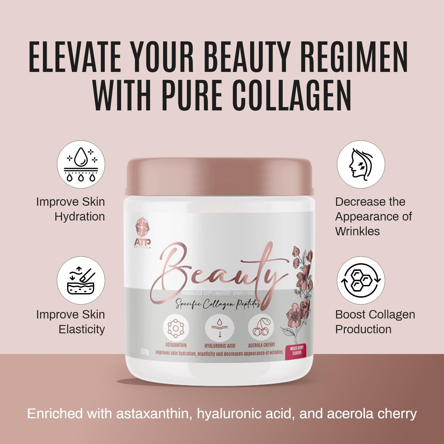 ATP Science Beauty Collagen Powder, with Trademarked Collagen Peptide Verisol&reg;, Protein Powder Enriched with Astaxanthin, Hyaluronic Acid, and Acerola Cherry, Improves Skin Hydration and Elasticity, Decreases Appearance of Wrinkles, Flavour: Mixed Berry image number 2