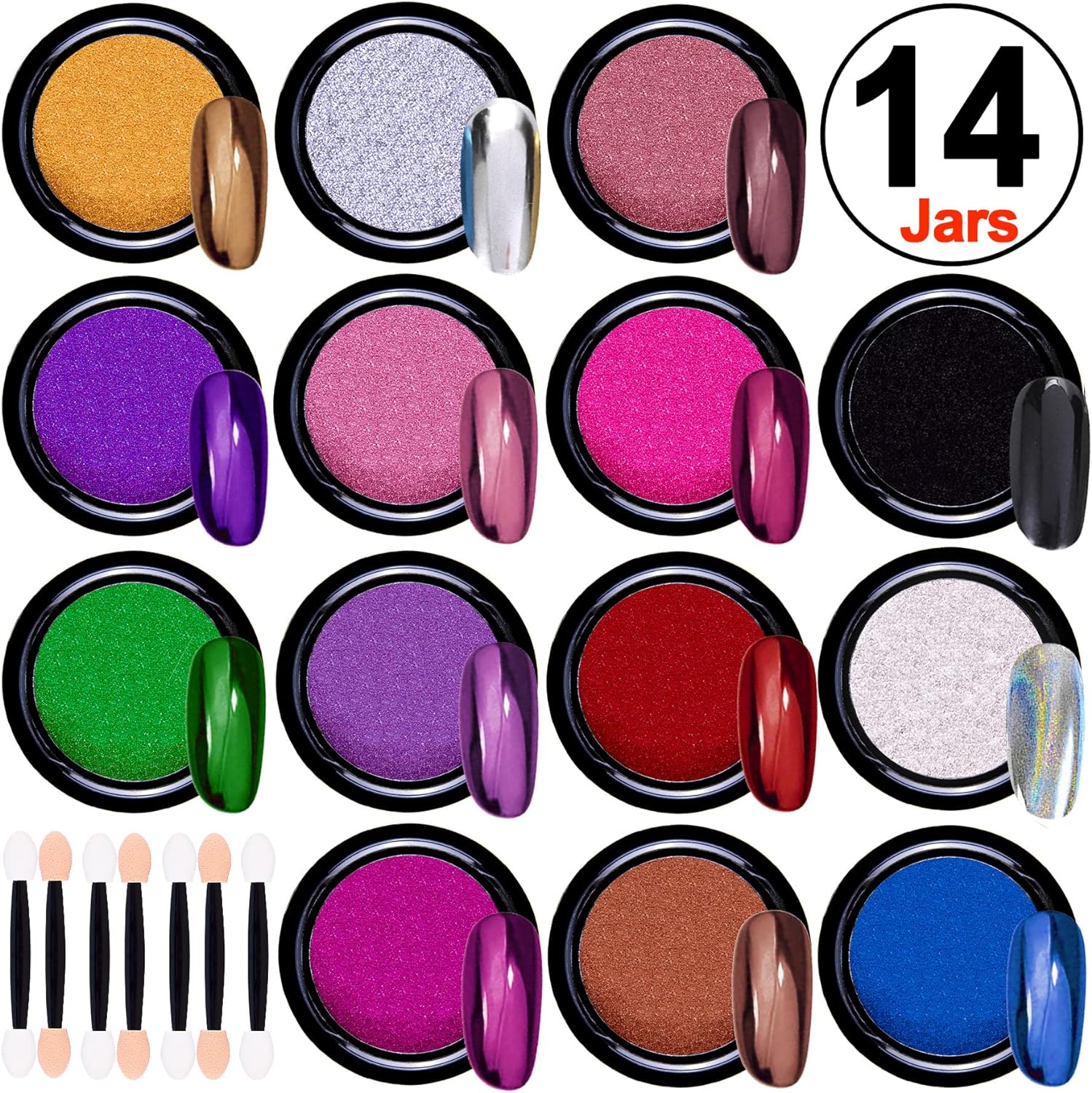 Duufin 14 Jars Chrome Nail Powder Metallic Nail Art Powder Mirror Effect Manicure Pigment 14 Colours Nail Powders with 14 Pcs Eyeshadow Sticks, 1G/Jar image number 1
