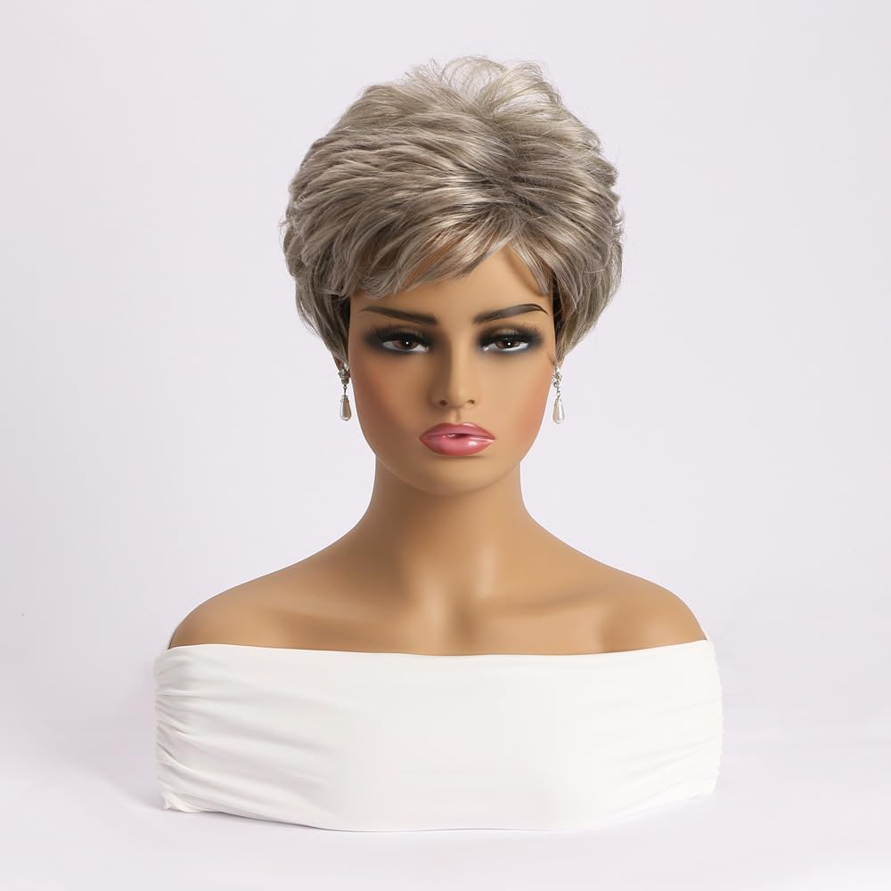 AUBWIG Mixed Blonde Short Wigs Fluffy with Fringe Pixie Cut Wigs Natural Straight Synthetic Hair Wigs Heat Resistant Full Wigs for Women (Brown Mixed Light Blonde #3H) image number 5