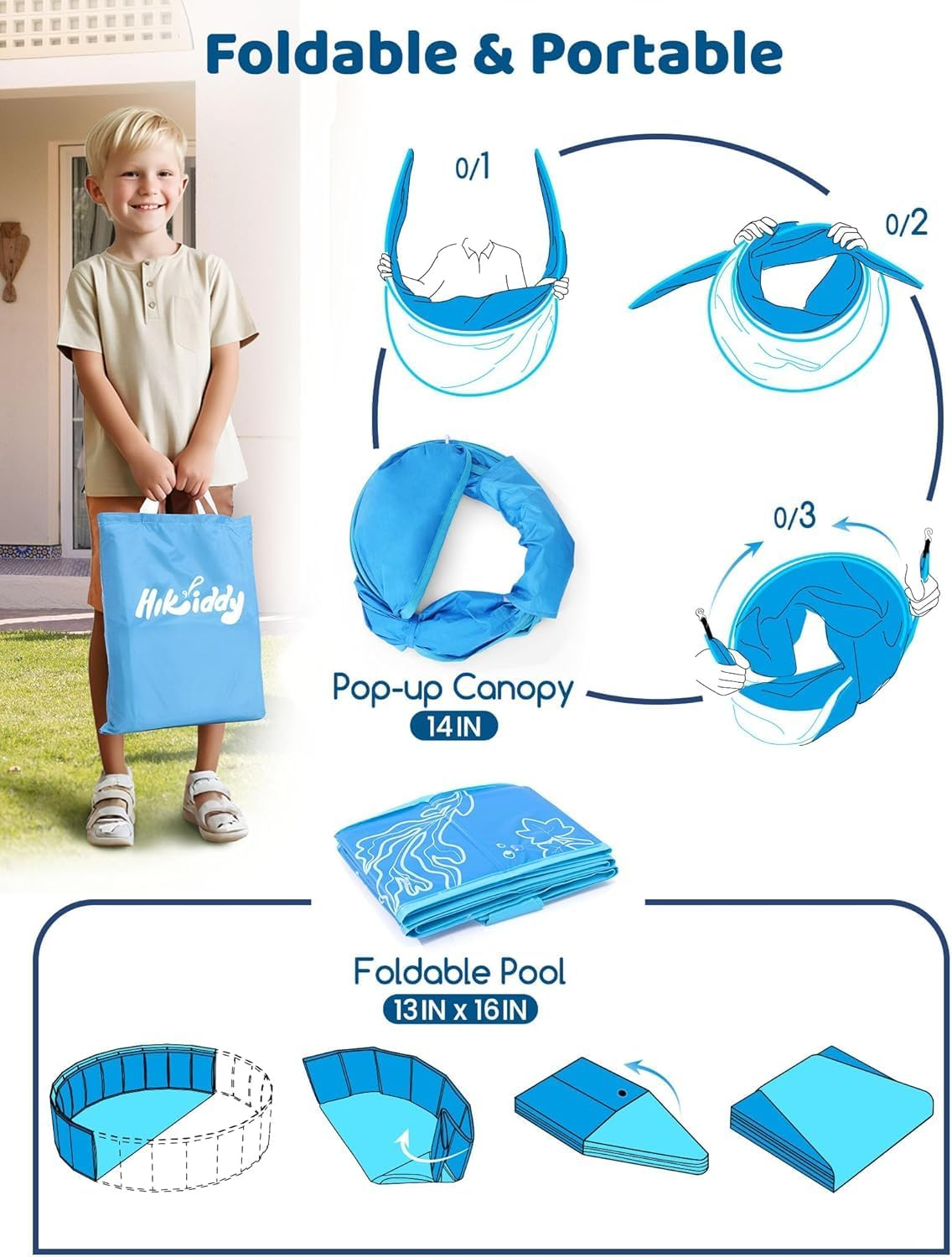 Foldable Kiddie Pool with Canopy: 119Cm Baby Pool and Beach Tent for Toddlers Infants 6-12 Months and Kids 2-4 Years Old - Portable Water Play with Shade for Outdoor Backyard Beach (Blue-Blue) image number 2