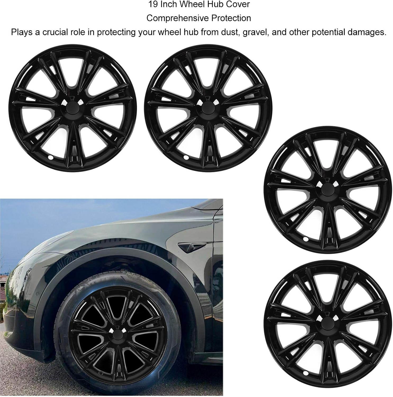 Wheel Cover Hubcaps for Tesla Model Y 2021‑2023, 19 Inch Hub Cap Replacement ABS Cover Set of 4, Sports Style Reduce Wind Wheel Rim Protector Cover (Glossy Black) image number 1