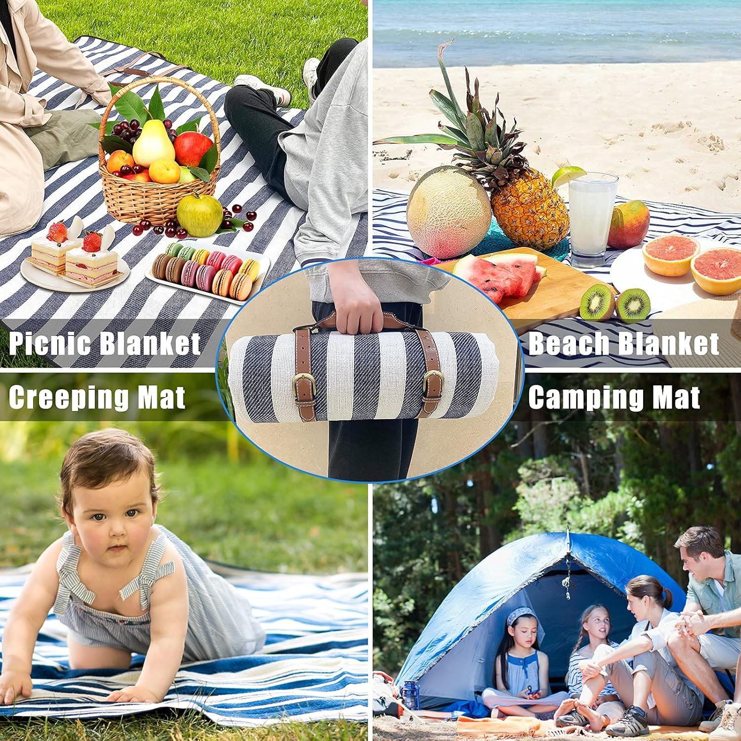 Searqing Large Picnic Blanket Portable with Carry Strap,78" X 54" Foldable Picnic Rug for Outdoor Camping Party,Wet Grass,Hiking,Kids Playground Sandproof Waterproof Picnic Mat image number 5