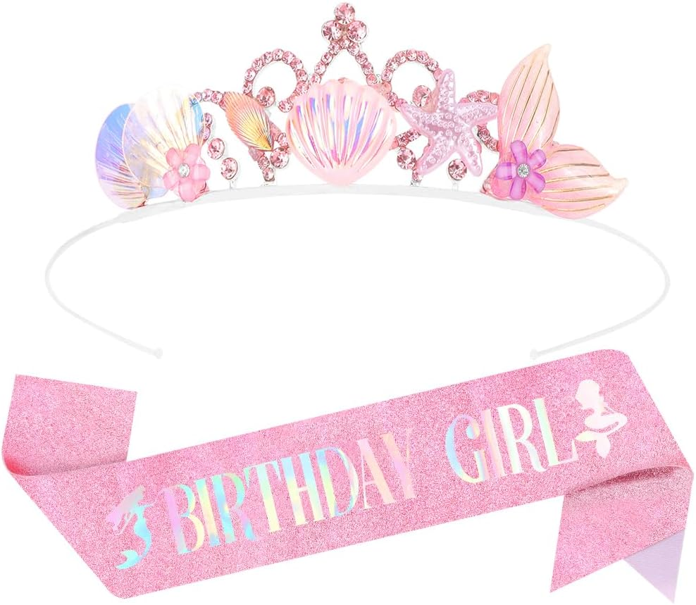 AOPRIE Birthday Girl Sash for Women Girls Mermaid Birthday Headbands Birthday Tiara & Crowns for Girls Happy Birthday Accessories Favor Supllies Blue, 2 Pack