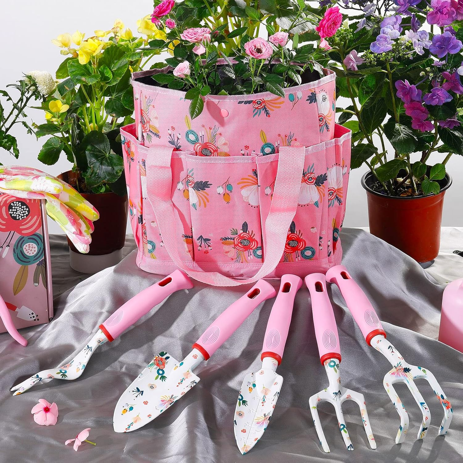 Garden Tools Set,Heavy Duty Gardening Tools for Gardener,Gardening Gifts for Women,With Storage Tote Bag,Sleeves,Gloves,Trowel,Transplanter,Rake,Weeder,Cultivator,Pruner,Succulent Hand Tools,Pink image number 2