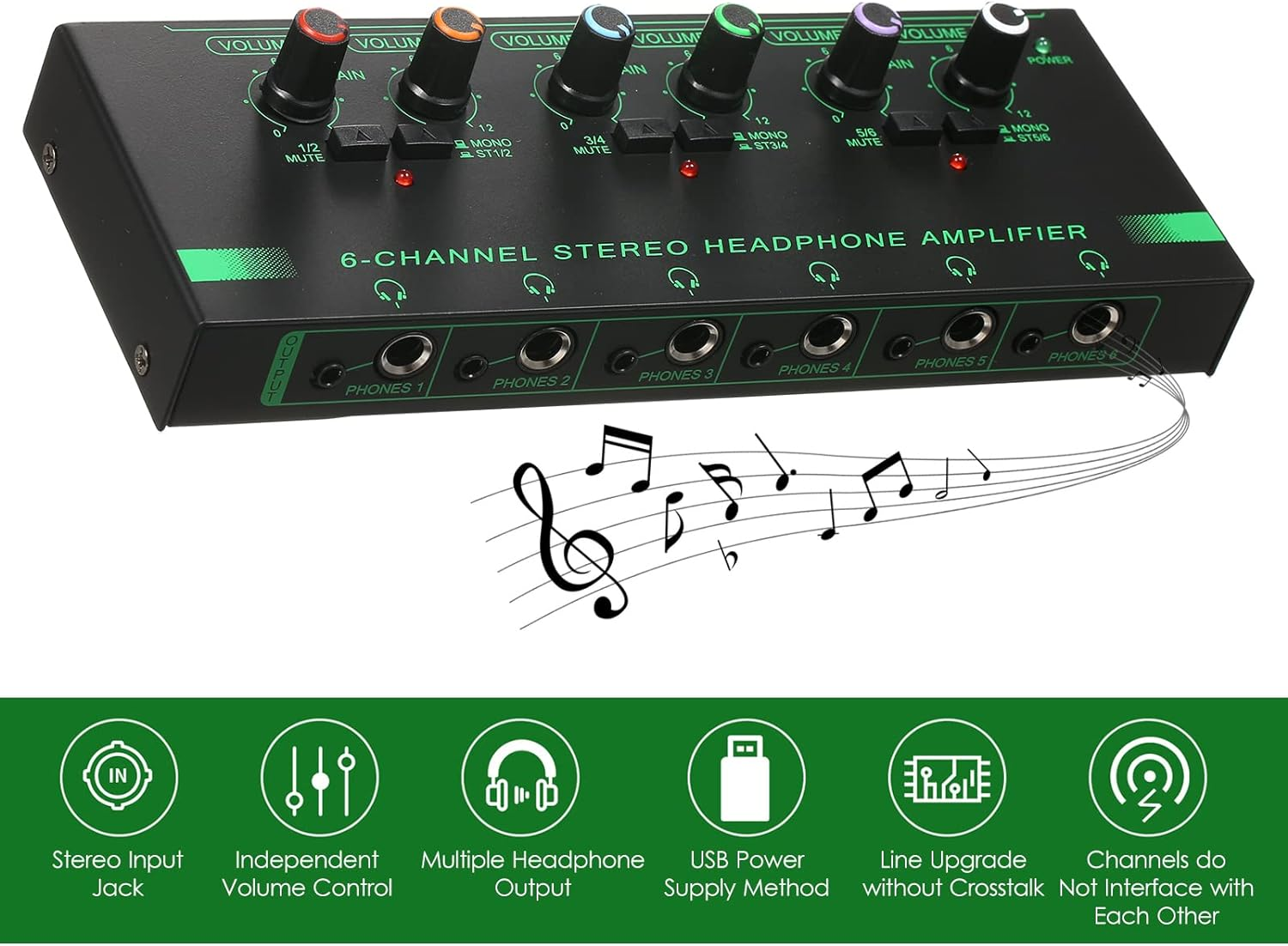 Headphone Amplifier, 6-Channel Stereo Headphone Amplifier Compact 6 Channels Mini Audio Stereo Headphone Amp with 6.35Mm/3.5Mm Input Volume Control In-Ear Monitoring System for Stage and Studios image number 2