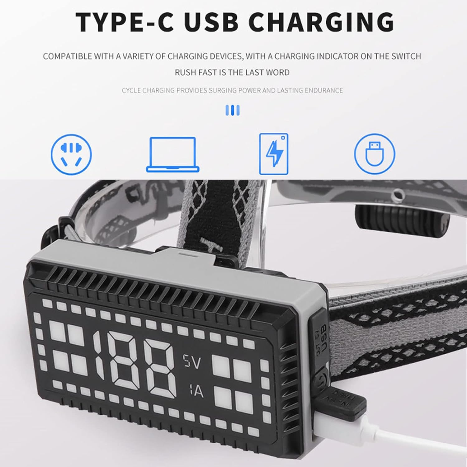 Topyond Head Torch, LED Headlamp, Rechargeable Torch, 30W, Type C, Rechargeable, Adjustable, Waterproof, Ultra Bright Headlamp, Torch for Outdoor, Hiking, Camping image number 6