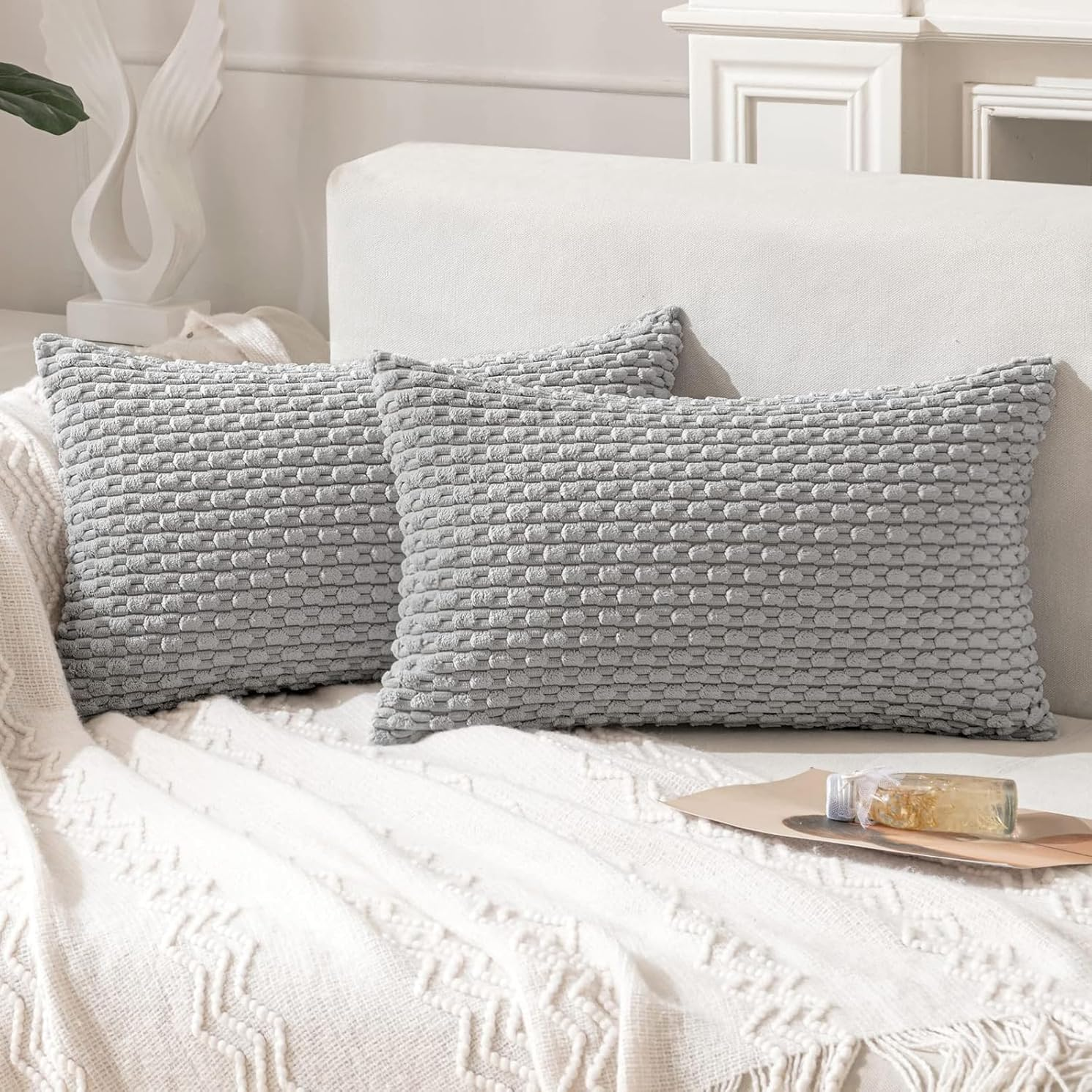 2Pcs Cushion Covers 30Cm X 50Cm, Corduroy Decorative Throw Pillow Covers Soft Boho Striped Pillow Case Modern Farmhouse Home Decor for Sofa Living Room Couch Bed (Khaki, 50Cmx30Cm)