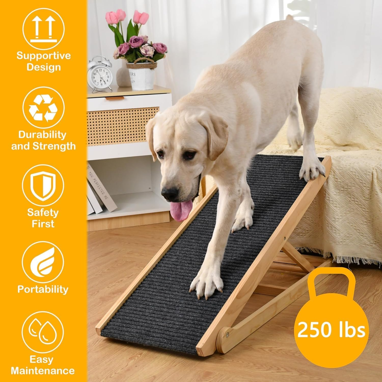 Folding Dog Ramp 4 Levels Adjustable Wooden Portable Cats Ramp with Non Slip Carpet Surface for Bed Car Couch SUV (XL) image number 1