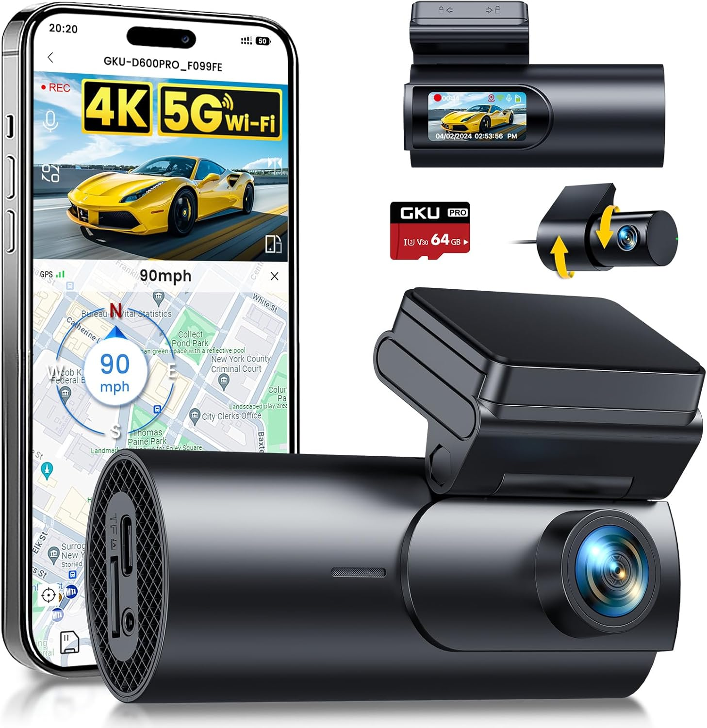 GKU Dash Cam Front and Rear Camera,4K+1080P, 5.8Ghz Wifi & GPS Dash Camera for Cars,With 64G Sdcard,1.47" Display Dashcam, 24Hparking Mode,App Control,Super Night Vision,Wdr,Support Max 256GB