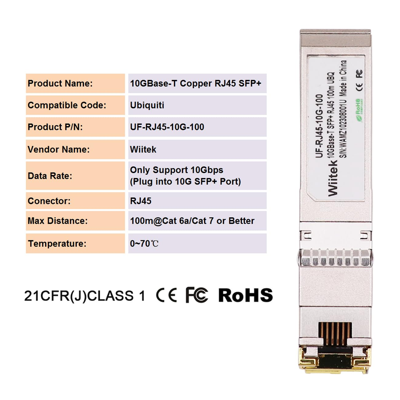 Wiitek 100 Meters, 10Gb SFP+ to RJ45 Module, 2.5G/5G/10Gbase-T Ethernet Copper Transceiver for Ubiquiti UF-RJ45-10G, Plugin 10Gb SFP+ Port, Low Power Consumption image number 2