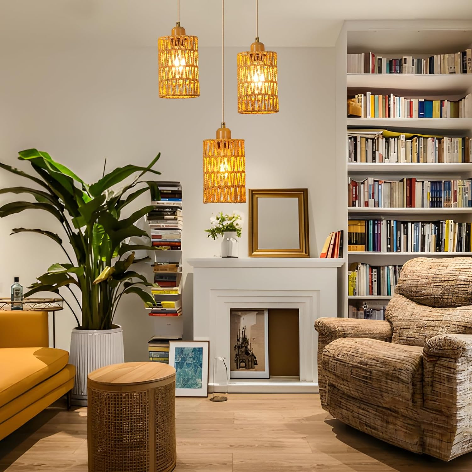 FORCOSO 3-Light Rattan Boho Pendant Lamp, Brown, 24X30Cm, E27, Indoor, Multiple Rooms - Rattan Ceiling Lamp image number 3