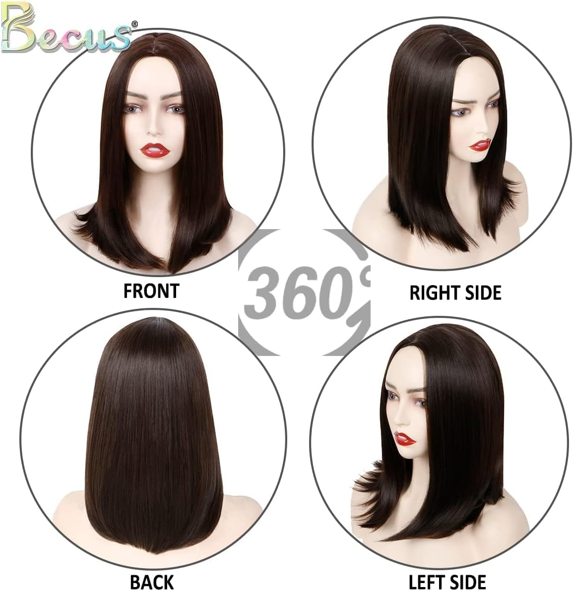 BECUS Short Brown Wigs for Women Shoulder Length Straight Bob Wig Synthetic Hair Wig image number 4
