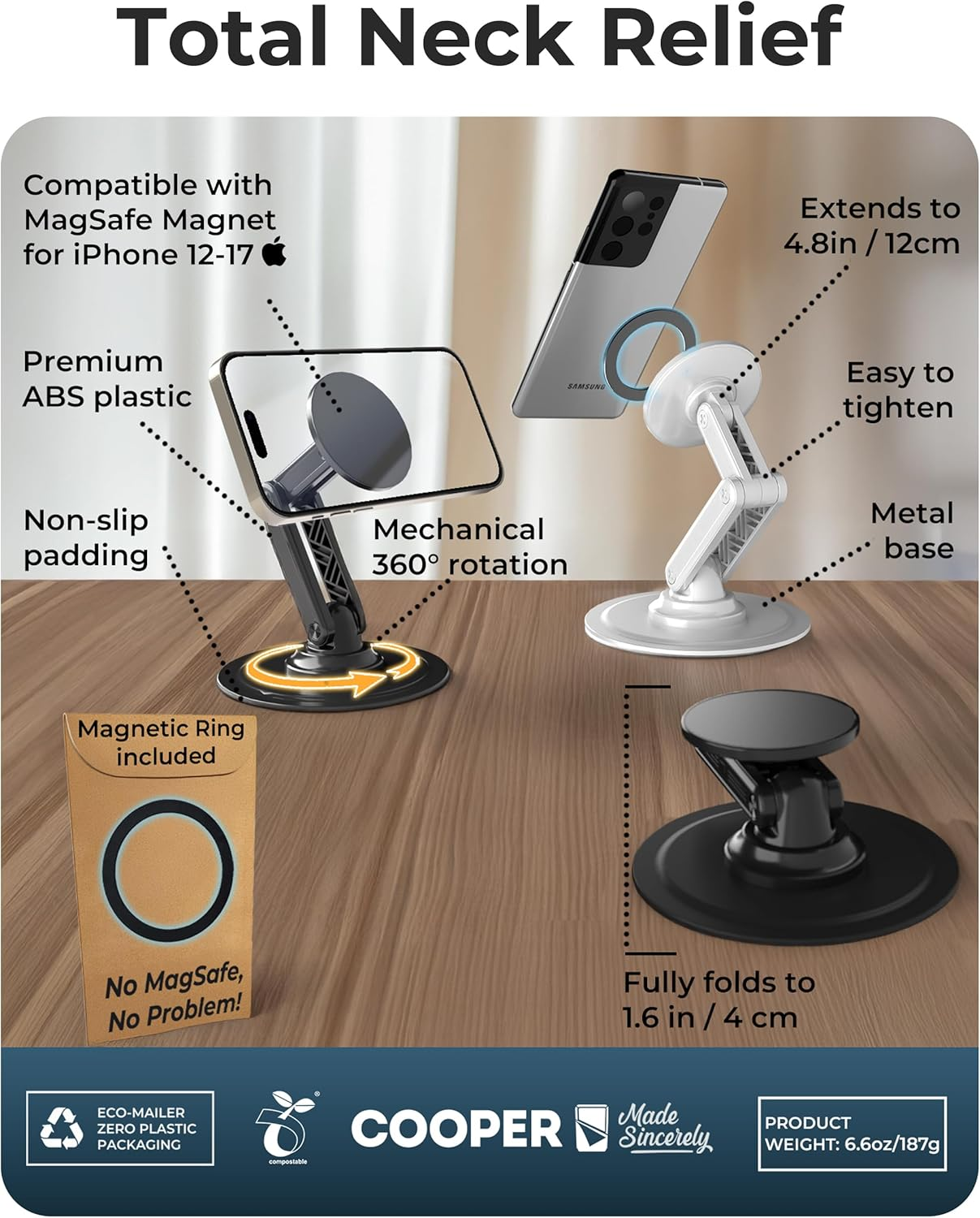 COOPER Mag360, Magnetic Phone Stand for Desk Compatible with Magsafe Phone Holder, 360&deg; Adjustable, Iphone Desk Stand for Iphone 17 Pro Max/16/15/14/13/12, Incl 1 Metal Ring for Other Phones - Black image number 2