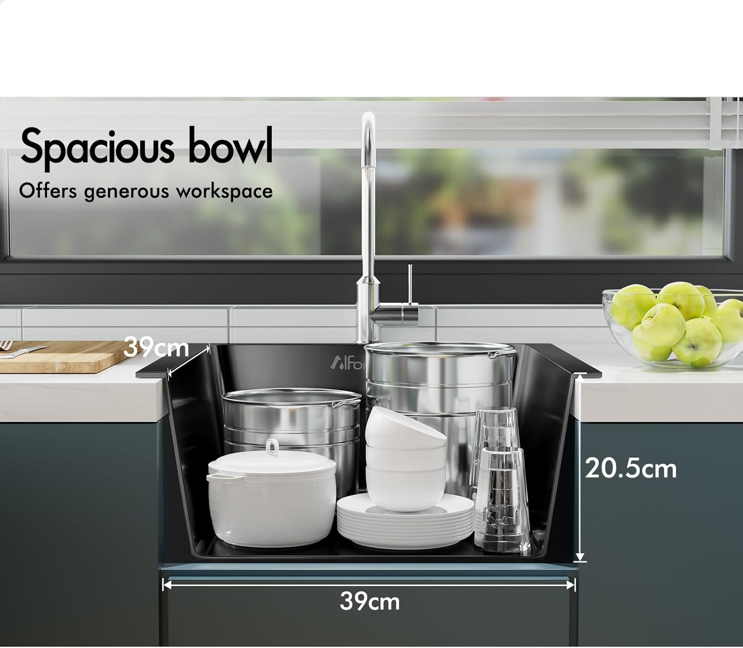 ALFORDSON 304 Stainless Steel Kitchen Sink Square Shape, 440 X 440 X 205Mm, Water Basin Sinks with 3Mm Thick Edge, Single Spacious Bowl with Waste Strainer, Dishwashing Workstation, Black Colour image number 6