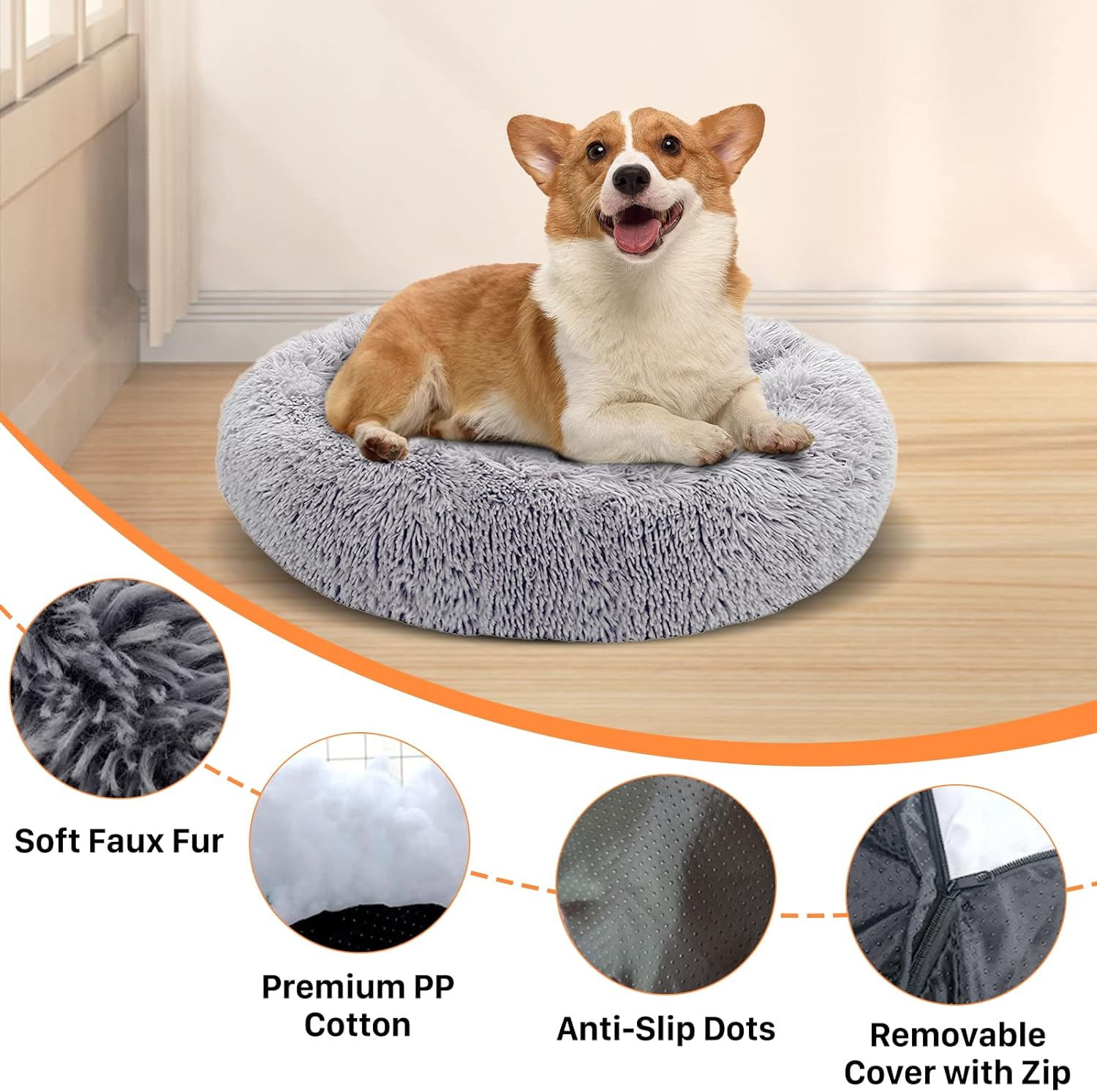 USOR Calming Dog Bed for Large Dogs, Anti-Anxiety Donut Dog Cuddler Bed, Disassemble and Washable 100Cm Extra Large Pet Bed, Warming Cozy Soft Dog Bed, Fluffy Faux Fur Plush Dog Cushion Bed Light Gray image number 6