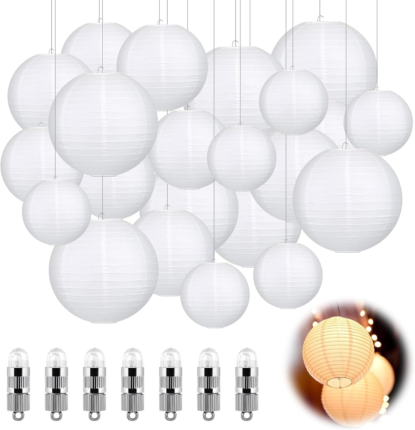 Pack of 30 Paper Lanterns, White with LED Lights, Hanging Paper Lanterns with 30 Warm White Mini LED Balloons Lights, round Paper Lampshade for Decoration, Wedding, Garden Party (Diameter 15 image number 6