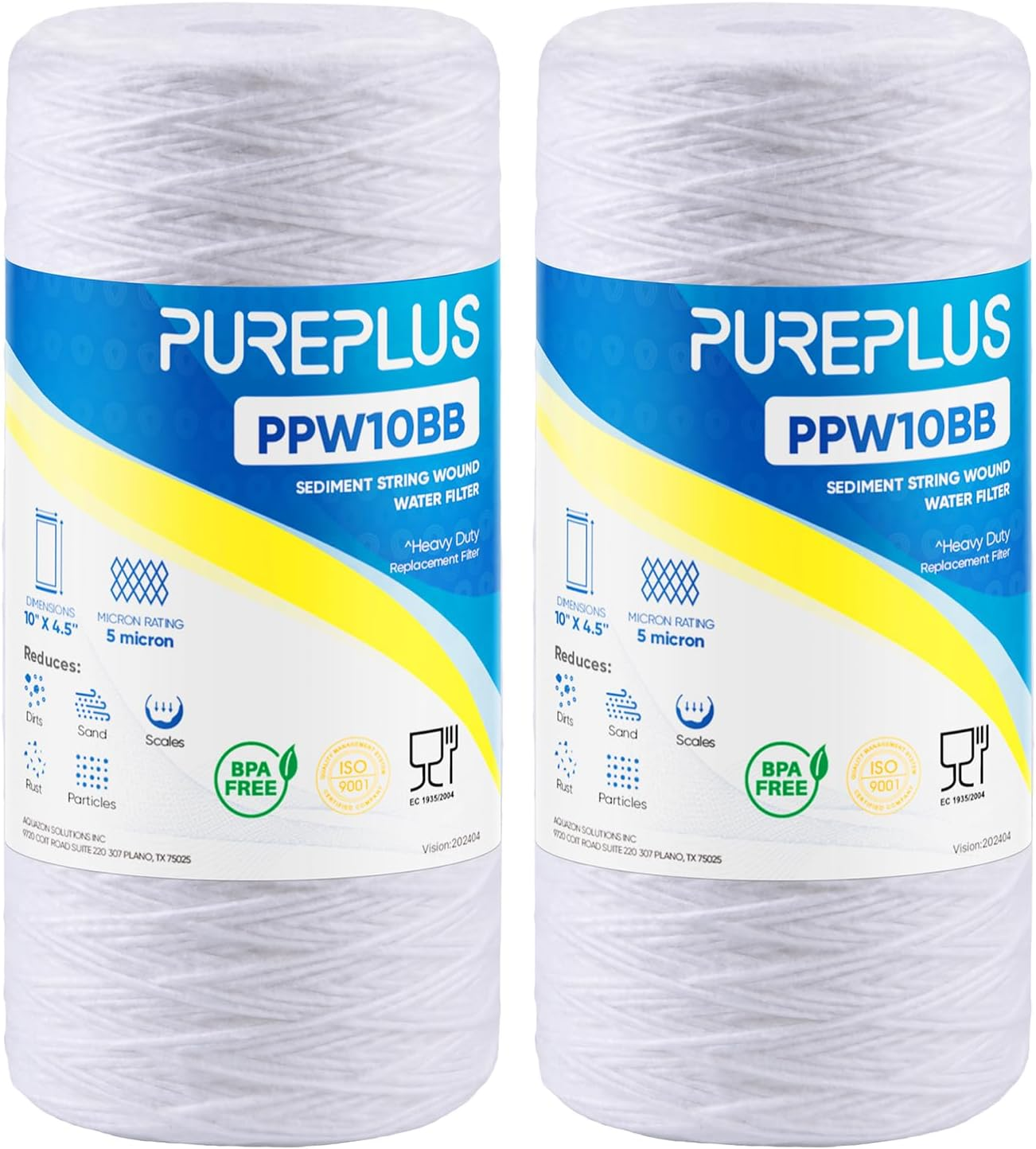 PUREPLUS 5 Micron 10 X 4.5 Whole House String Wound Sediment Filter for Well Water, Replacement Cartridge for 84637, WPX5BB97P, PC10, 355214-45, 355215-45, WP10BB97P, WP5BB97P, 2Pack image number 1