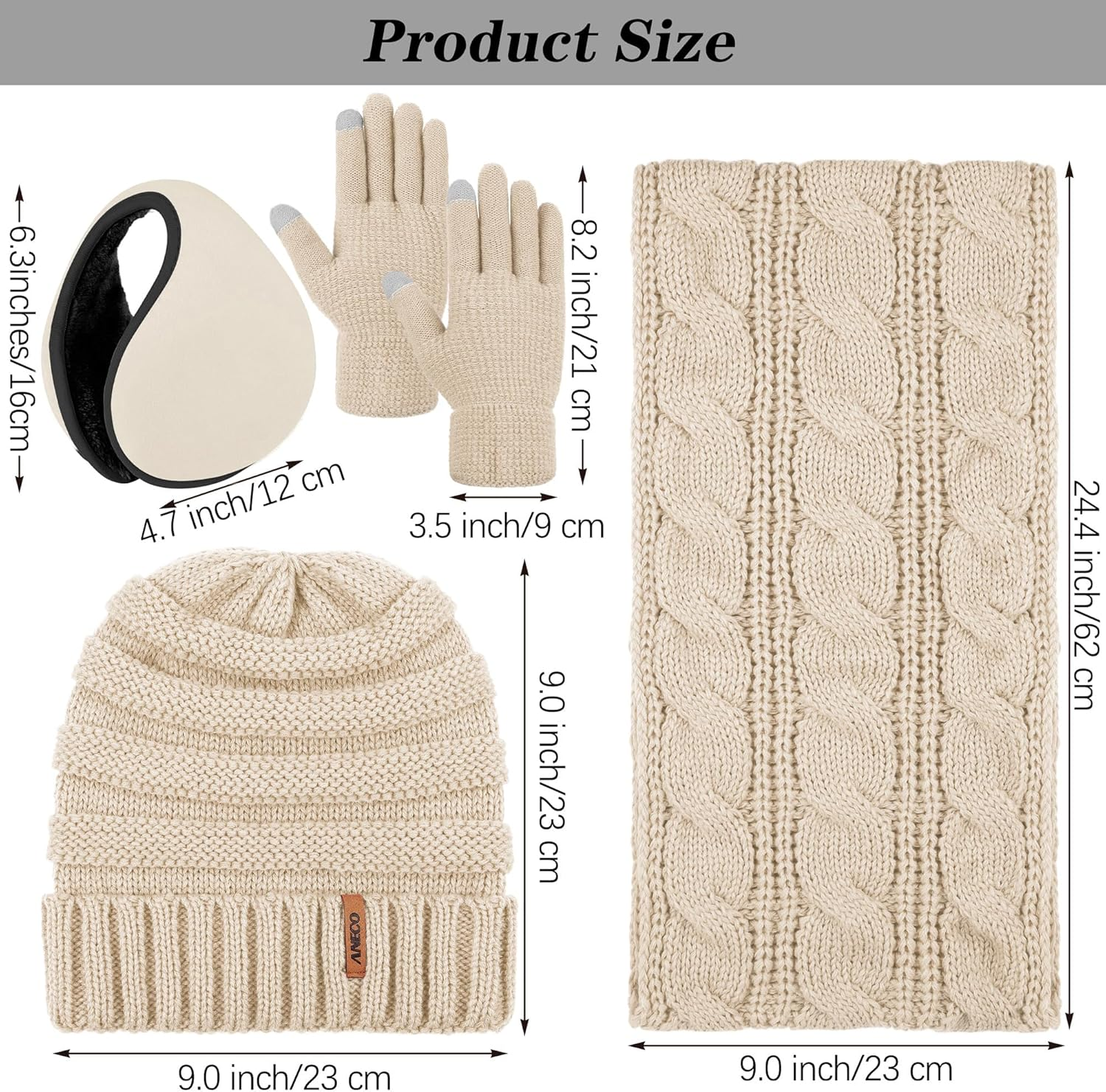Aneco Winter Warm Sets Knitted Scarf Beanie Hat Touch Screen Gloves and Winter Ear Warmer for Men or Women - Beige image number 6