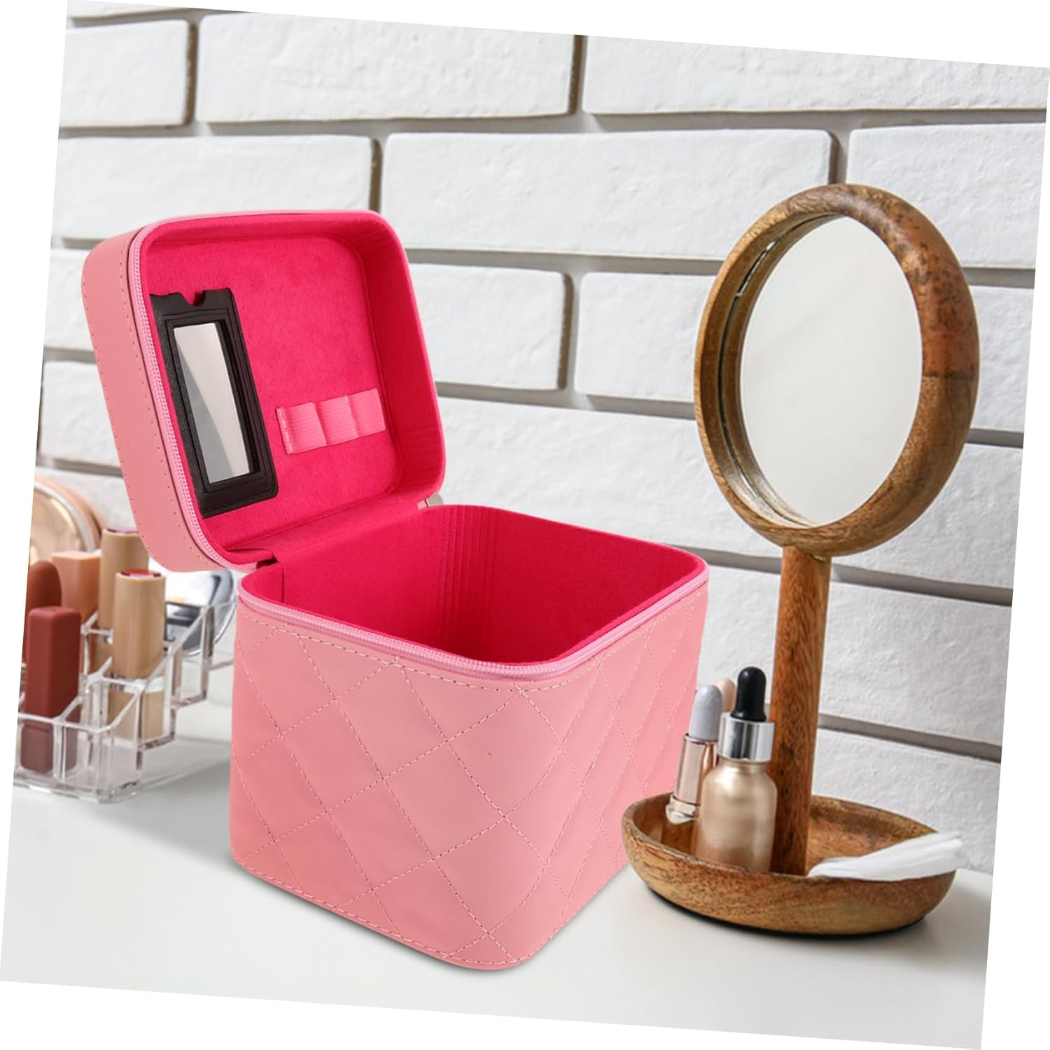 EXQUIMEUBLE Portable Makeup Case Small Pink Hard Travel Cosmetic Organizer Multi-Functional Makeup Storage Bag for Women image number 1