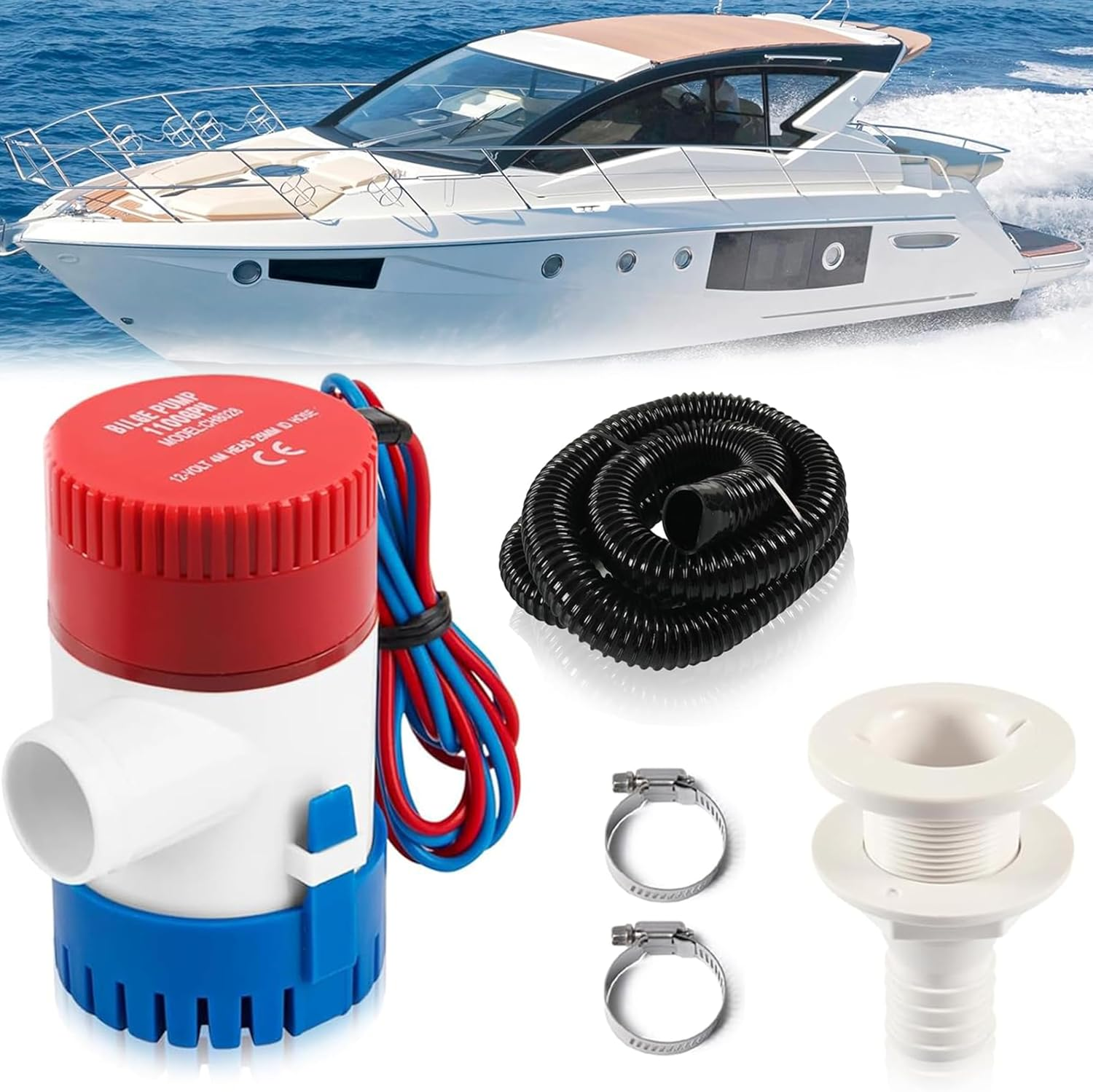 Bilge Pump Kit,Submersible Boat Bilge Water Pump 12V 1100Gph with 6FT PVC Bilge Pump Hose,2 Clamps,Thru-Hull Fitting,For Ponds,Pools,Spas Silent,Boat Caravan RV Submersible image number 2