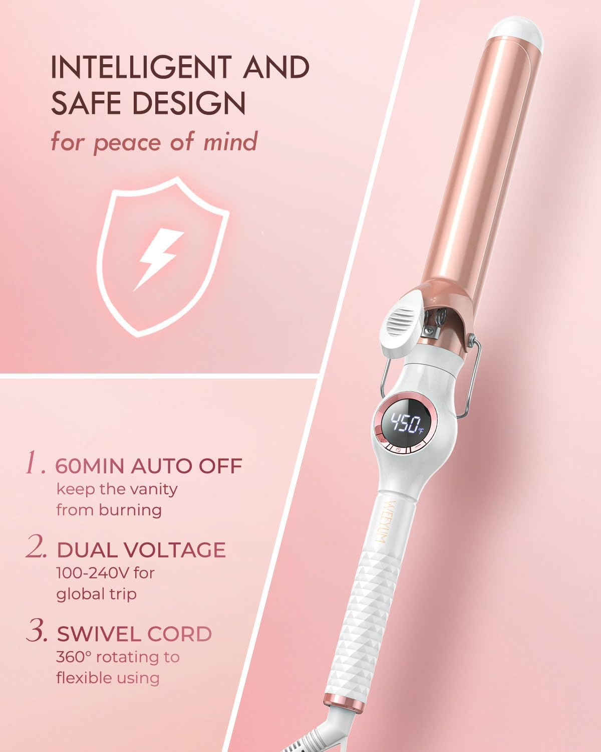 WEEYUM 1 1/4 Inch Curling Iron, Large Barrel Curling Wand for Hair, Ceramic Tourmaline Hair Curling Iron Double Voltage(100-240V) image number 2