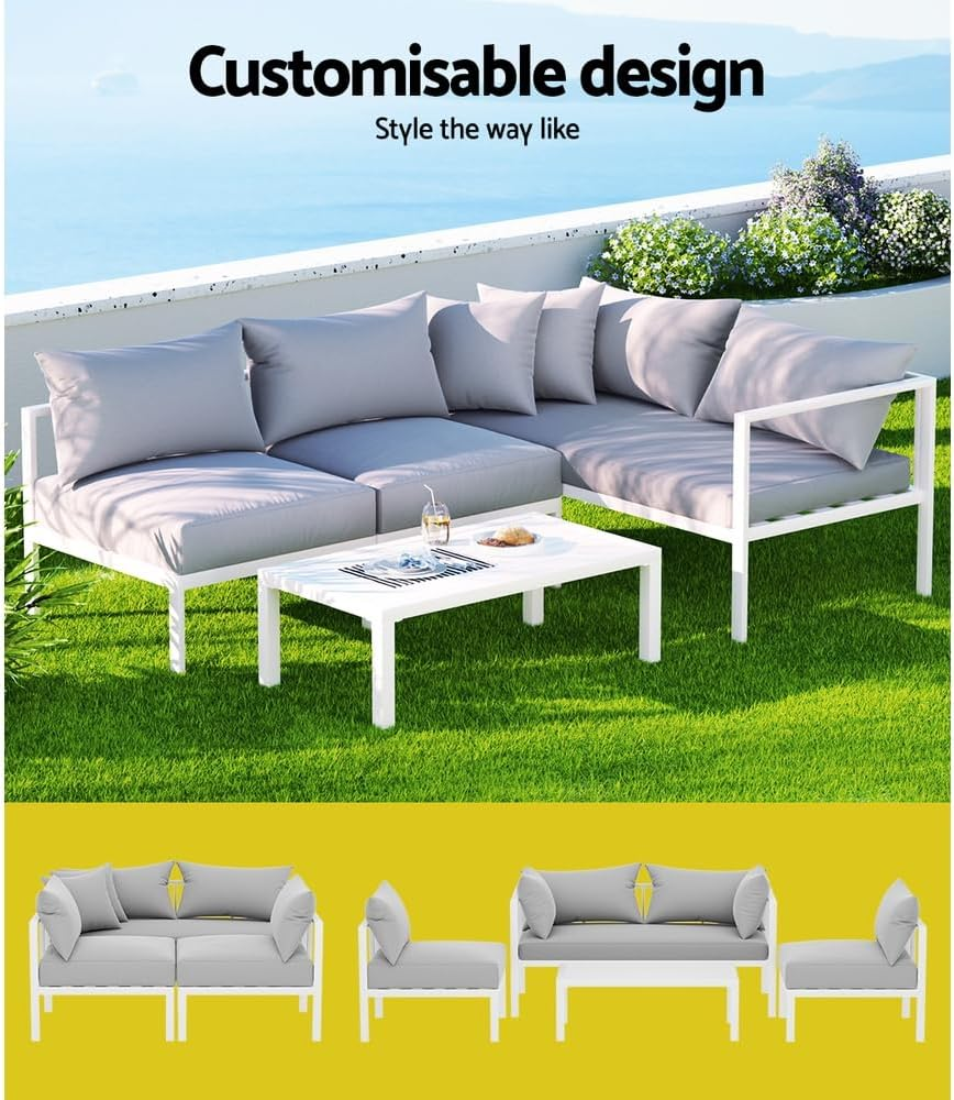 Gardeon 4 Seater Outdoor Patio Furniture Set, Aluminum Outdoor Table and Chairs Patio Conversation Sets, 4 Piece Modular Sofa Set for Garden, Deck, Poolside, Backyard, White image number 3