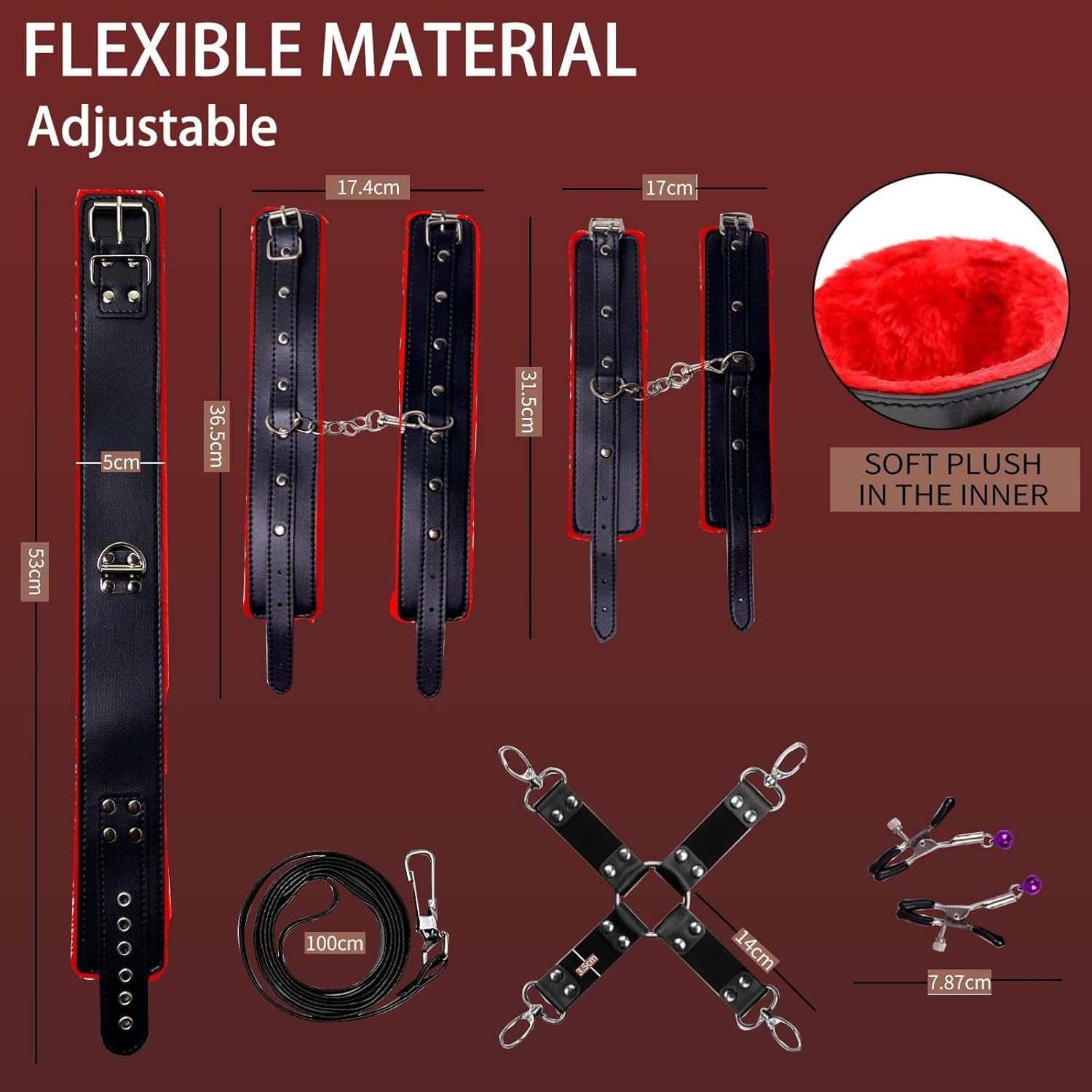 Sex Bondage BDSM Restraints Sex Toys 10 Pcs Set, SM Sex Toy Adult Toys Games Cuffs Gag Blindfold Spanking Paddle Safe Fetish Bed BDSM Kit Cuffs Nipple Clamps Ball Gag Rope Cosplay for Women Couples (Black&Red) image number 5