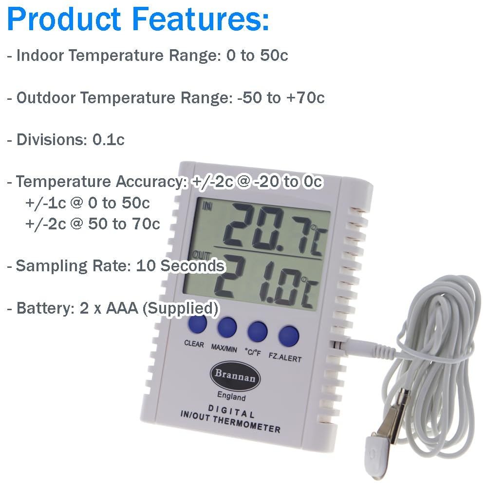 Brannan Digital Max Min Thermometer Indoor Outdoor Fridge Freezer Greenhouse Garden Room Large Display 2M Probe Cable image number 1