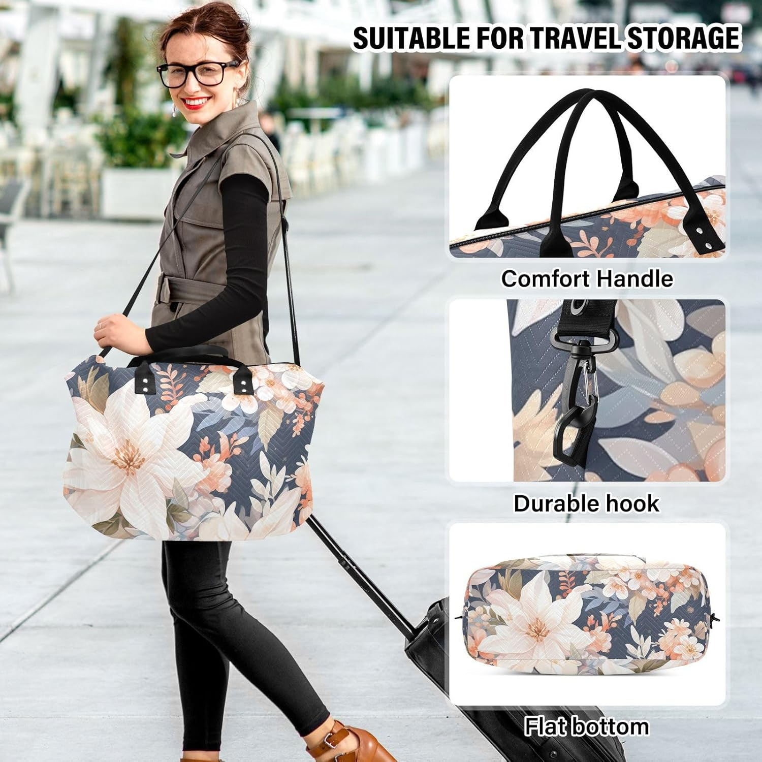 XYMZR Large Travel Duffel Bag, Blooming Floral Sports Tote Gym Bag, Shoulder Weekender Overnight Bag for Women Men, Carry on Luggage with Toiletry Bags, Multi-Colored, Multi-Colored image number 4