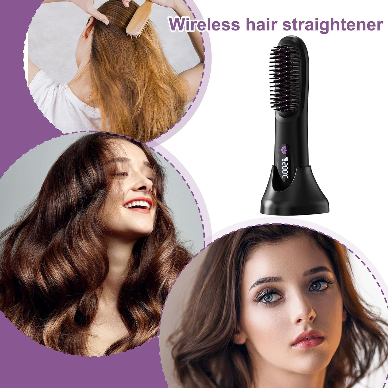 Apujent Hair Straightener - Cordless Brush Straightener for Women - Portable Grooming Straightening Tools with 3-Temperature for Salon Travel Home Morning Routine Trip