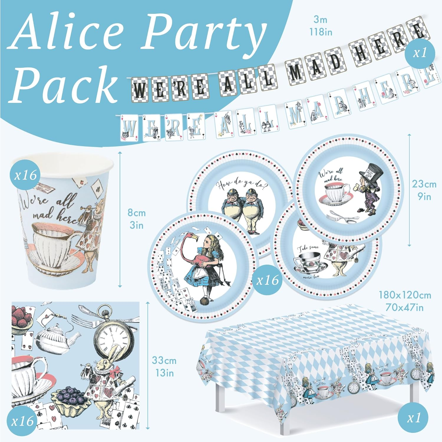 Talking Tables Alice in Wonderland Party Decorations & Tableware for 16 Guests | Mad Hatter Double Sided Bunting ,Paper Plates, Napkins, Cups, Table Cover for Birthday, Afternoon Tea Baby Shower, By image number 3