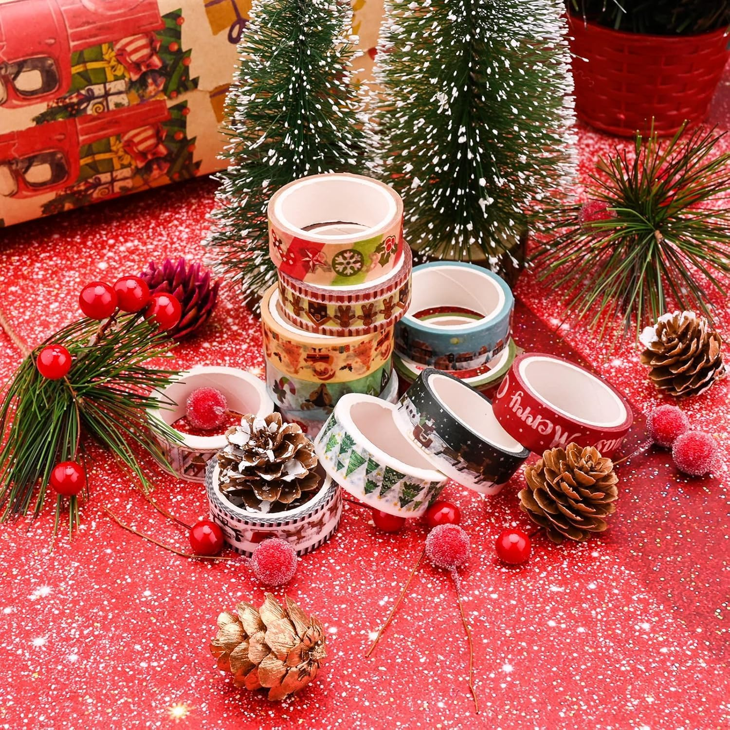 Christmas Washi Tape Sets, 12 Washi Masking Tape Christmas Decorative Tape for Gift Packaging Scrapbooking DIY Handicrafts Gift Wrapping image number 1