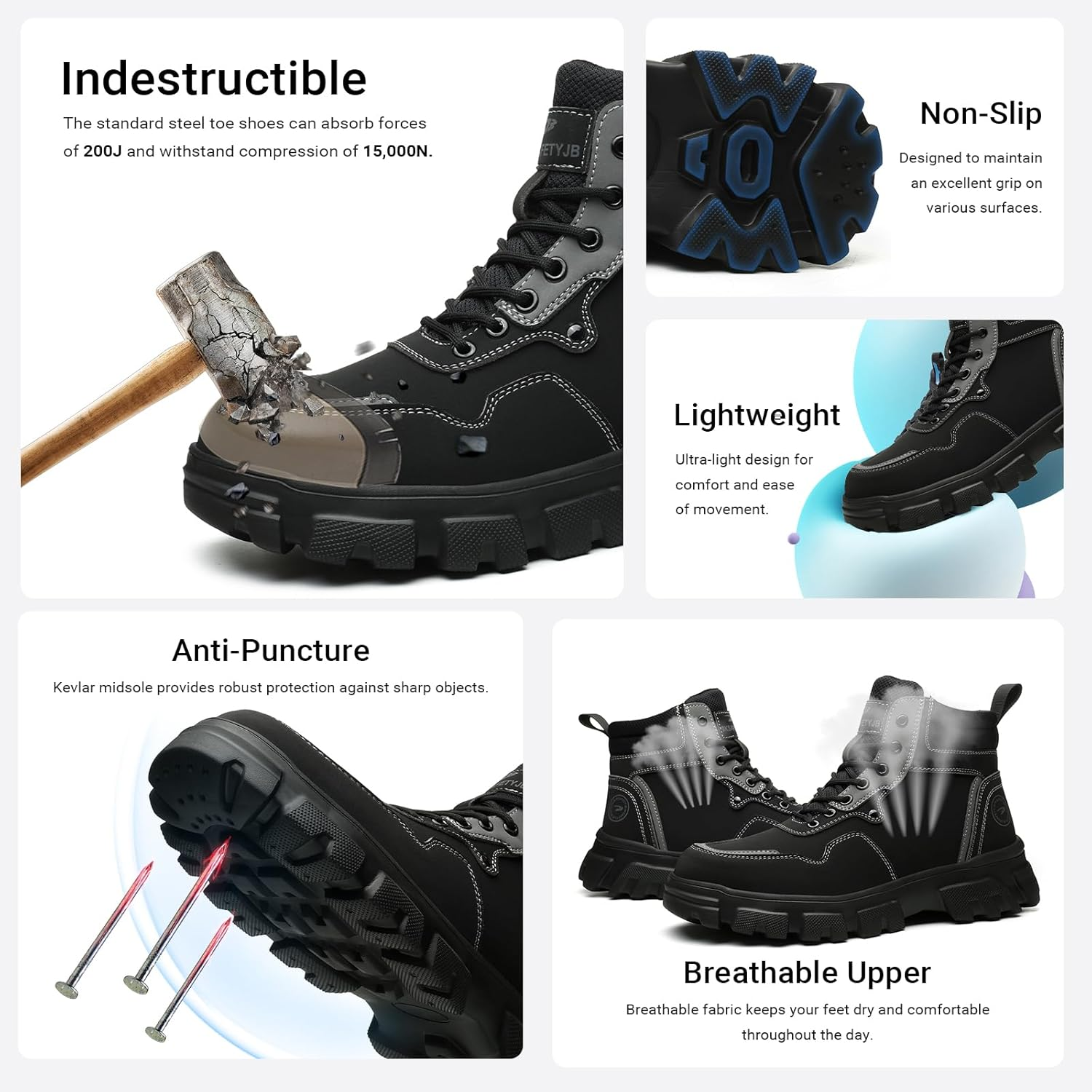 USOR Steel Toe Safety Boots Toe Cap Work Shoes for Men Women Resistant Lightweight Work Sneakers Comfortable Puncture Resistant Work Boots for Industrial Construction image number 2