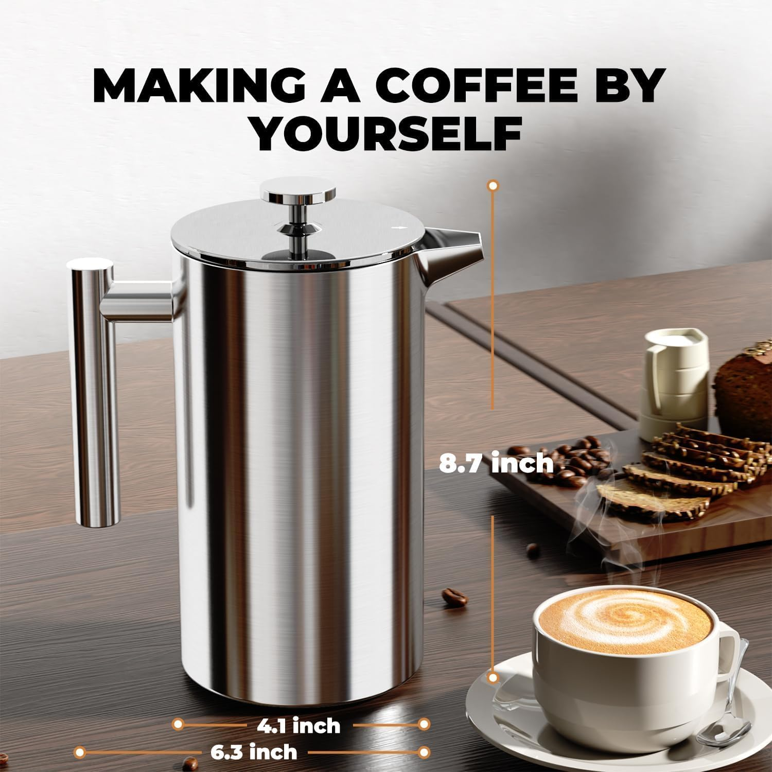 French Press Coffee Maker 8 Cup (1000Ml) &ndash; Premium Stainless Steel Cafetiere with Triple Filter System, Double-Wall Insulation & Cool-Touch Handle &ndash; Easy to Clean, Large Capacity image number 2