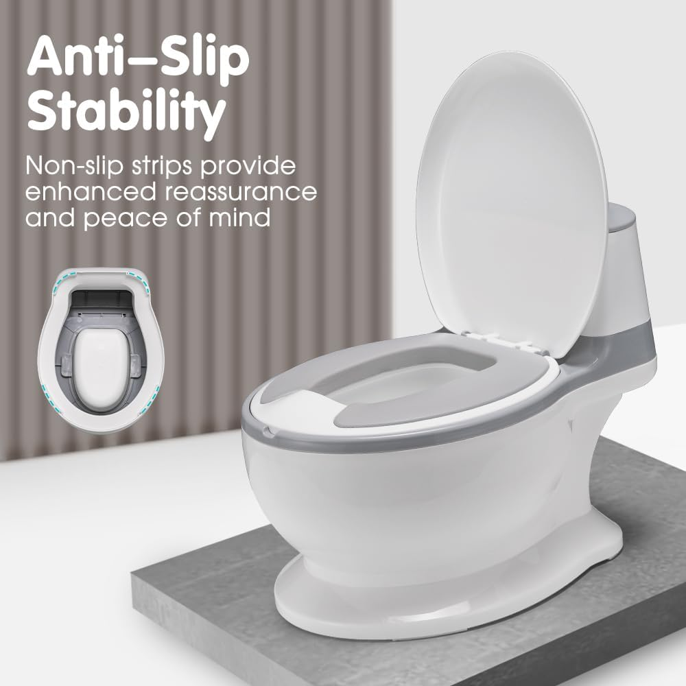 Playpals Realistic Potty Training Toilet for Toddlers & Babies with Soft Seat, Removable Potty Pot, Toilet Tissue Dispenser & Splash Guard - Easy to Empty and Clean, Grey