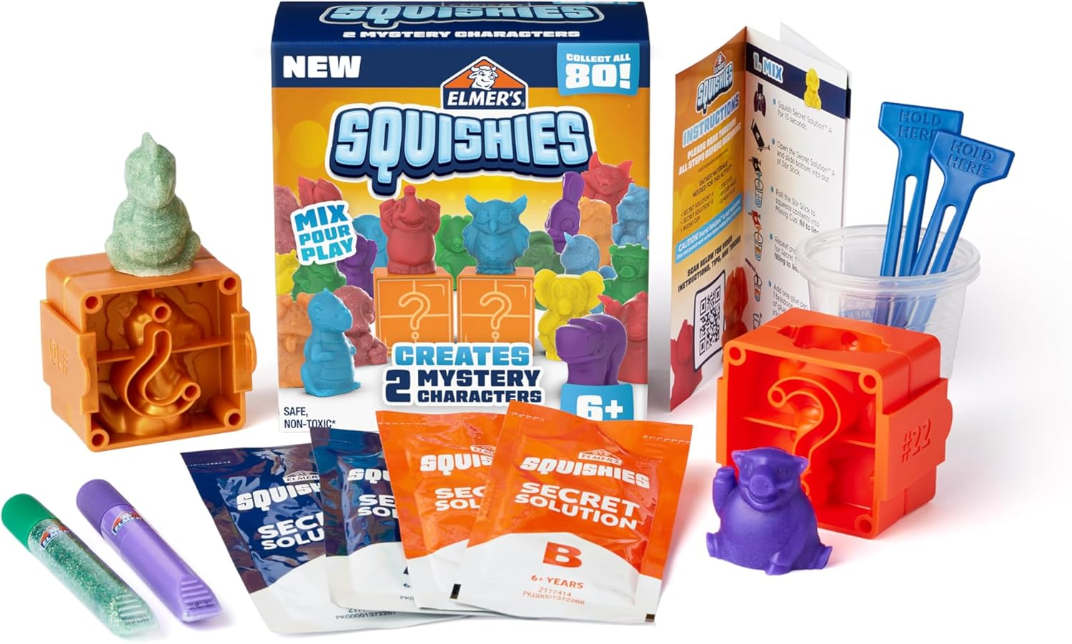 Elmer'S Squishies Kids&rsquo; DIY Activity Kit, Create 4 Mystery Characters, 24 Piece Kit for Ages 6 and Up, Perfect for Stress Relief and Sensory Play image number 1
