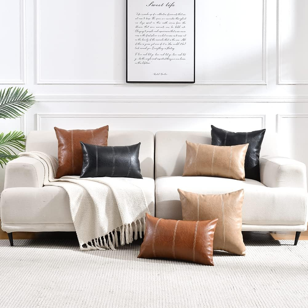 Fancy Homi Brown Boho Lumbar Faux Leather Decorative Throw Pillow Covers 12X20 Inch for Living Room Couch Bed Sofa, Hand Stitched Rectangle Cushion Case 30X50 Cm, Rustic Modern Farmhouse Home Decor image number 5