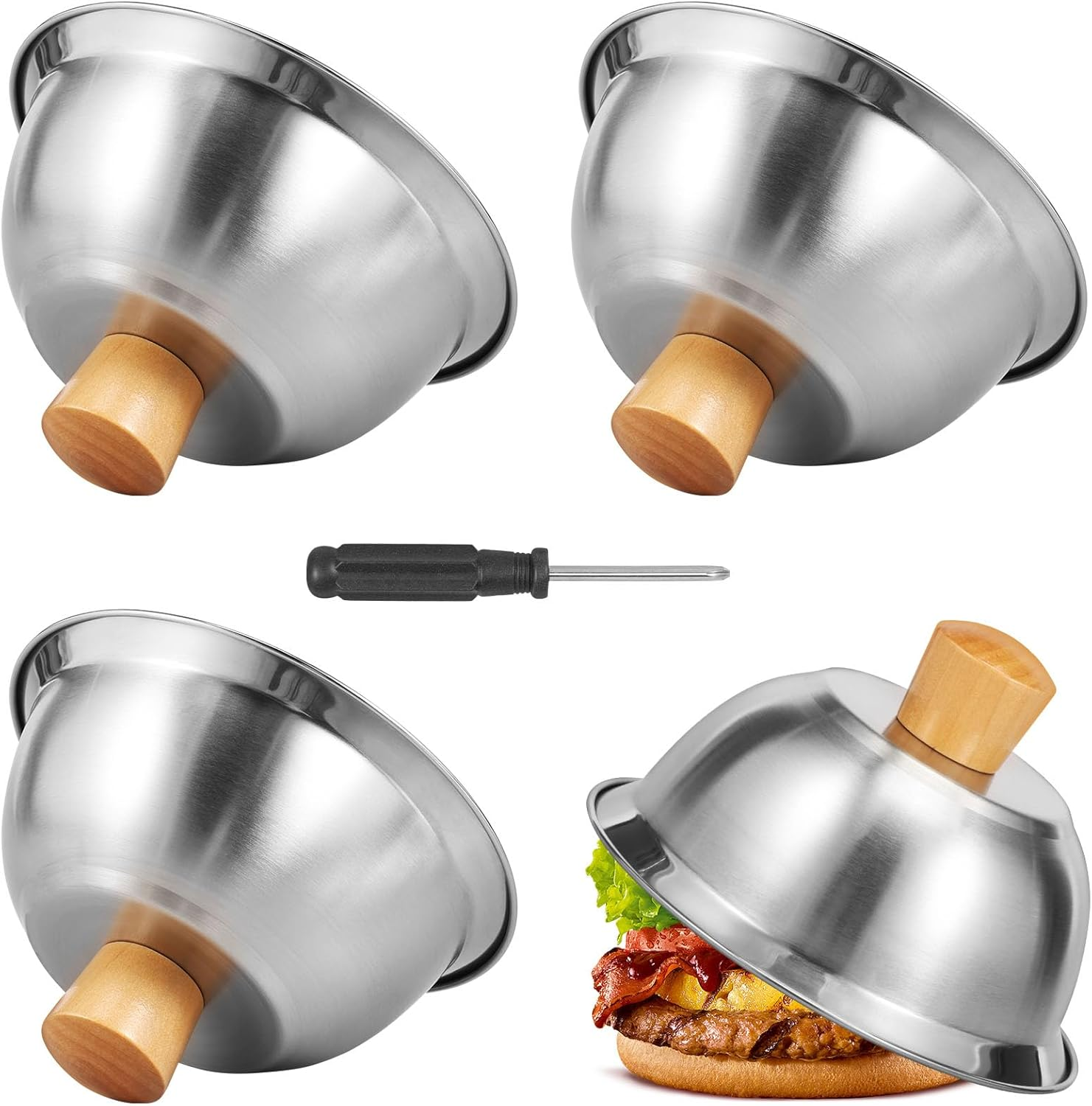 4 Pcs Burger Cover, round Basting Cover, Cheese Melting Dome with Bamboo Handle, Stainless Steel Burger Cover, Grill Accessory, Dishwasher Safe Steaming Cover for Cooking Hamburgers Steaks Bacon image number 5